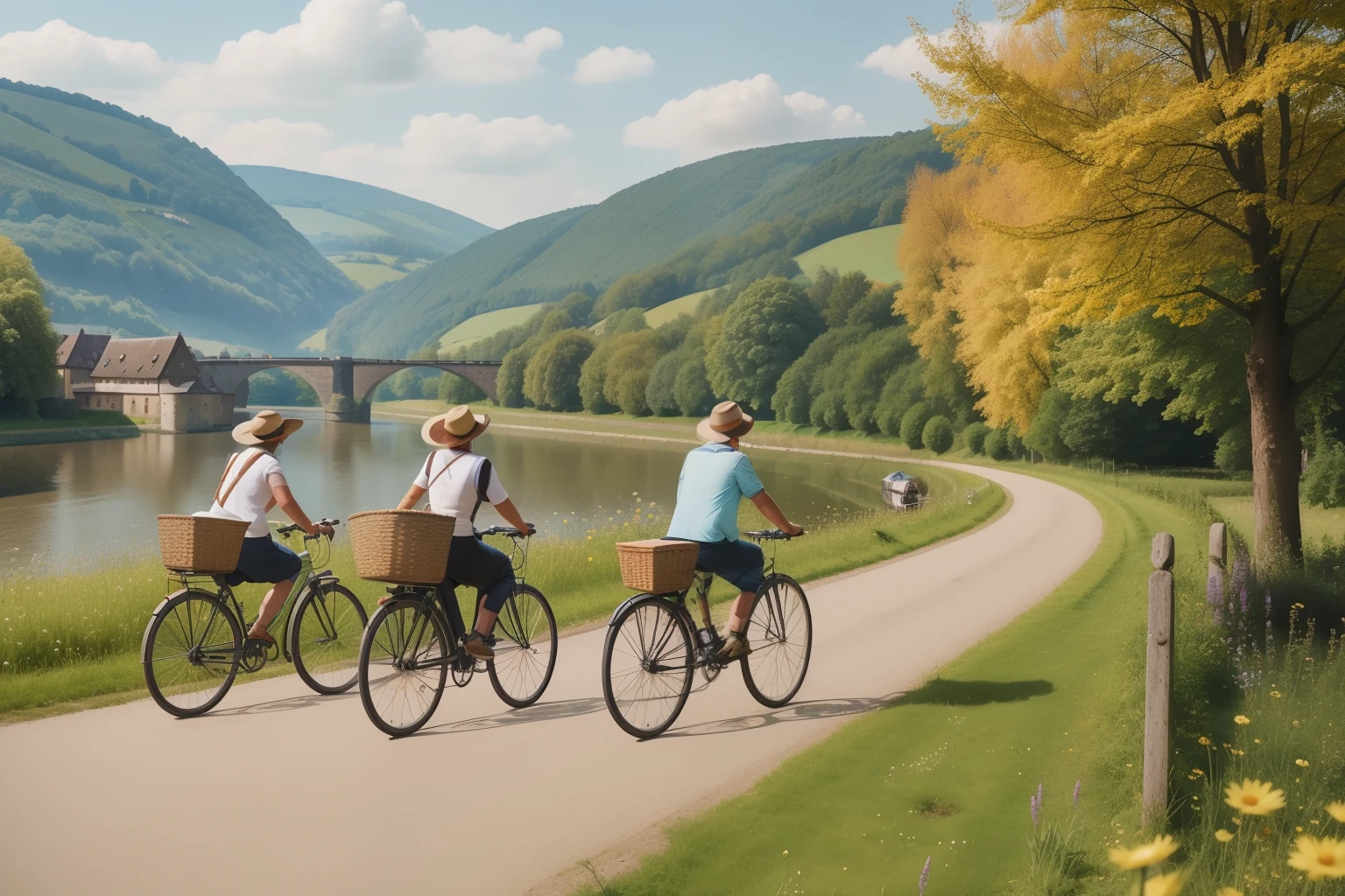 Year: 2019
Country: Germany
Description: Along the Rhine River, a meticulously organized cycling tour passes through the picturesque countryside. Cyclists ride vintage bicycles with baskets, donning tweed outfits, and stop to enjoy a picnic of artisanal cheeses and freshly baked bread on a floral-printed tablecloth.