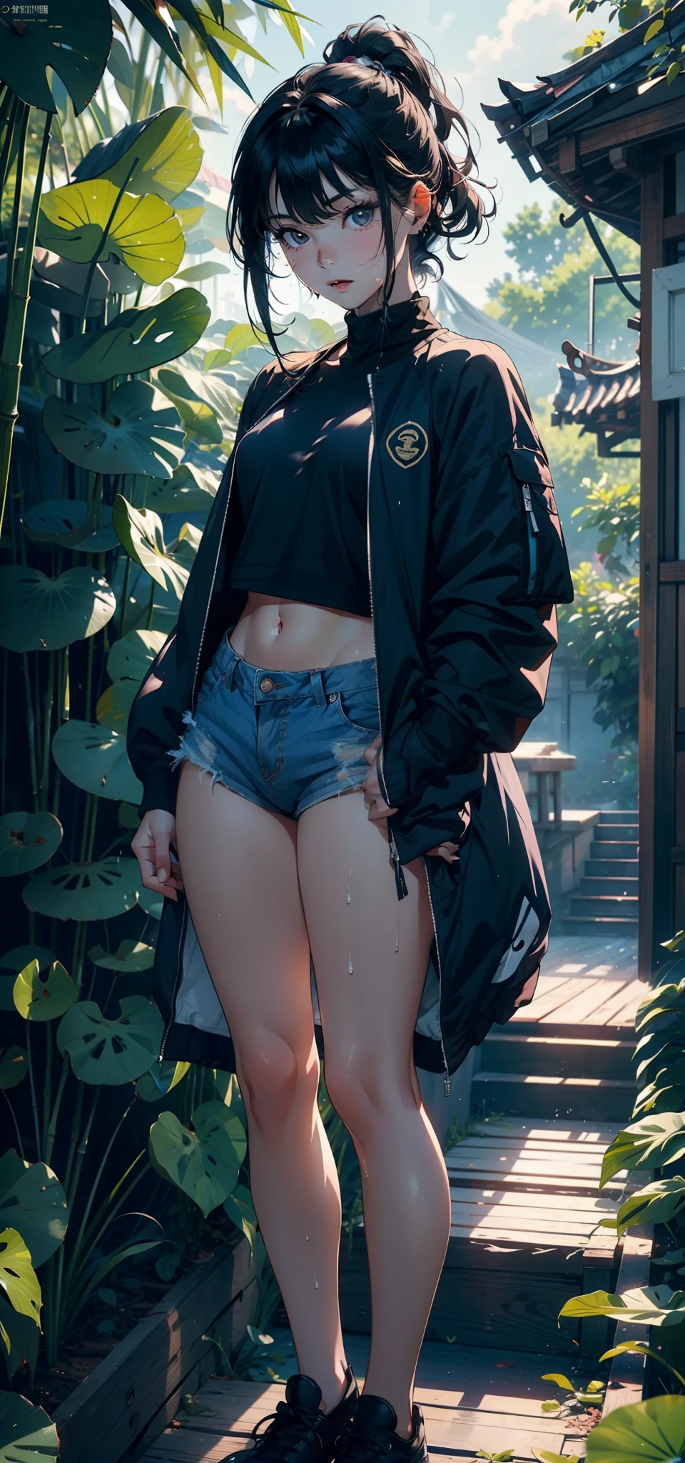 1female,,bit girl,Small , Thin waist,Pornographic exposure, solo,(Background with:bamboo forrest,lotuses,lotus flower,exteriors,Lotus pond) She has short black hair,Qi bangs,bobo head,standing on your feet,Sweat profusely,drenched all over the body,seen from the front, hair straight, mostly cloudy sky,(((tmasterpiece),(Very detailed CG unity 8K wallpaper),best qualtiy,cinmatic lighting,detailed back ground,beatiful detailed eyes,Bright pupils,Black eyes,(Very fine and beautiful),(Beautiful and detailed eye description),ultra - detailed,tmasterpiece,)),facing at camera,A high resolution,ultra - detailed),revealing breasts,Bare genitals, Bulge,legs are open,Raised sexy,Camel toes,Flushed complexion,Open-mouthed,frontage,elementary student(Black baseball jacket,Sexy revealing denim panties,black sneaker shoes,nakeness),Full body photo,frontage