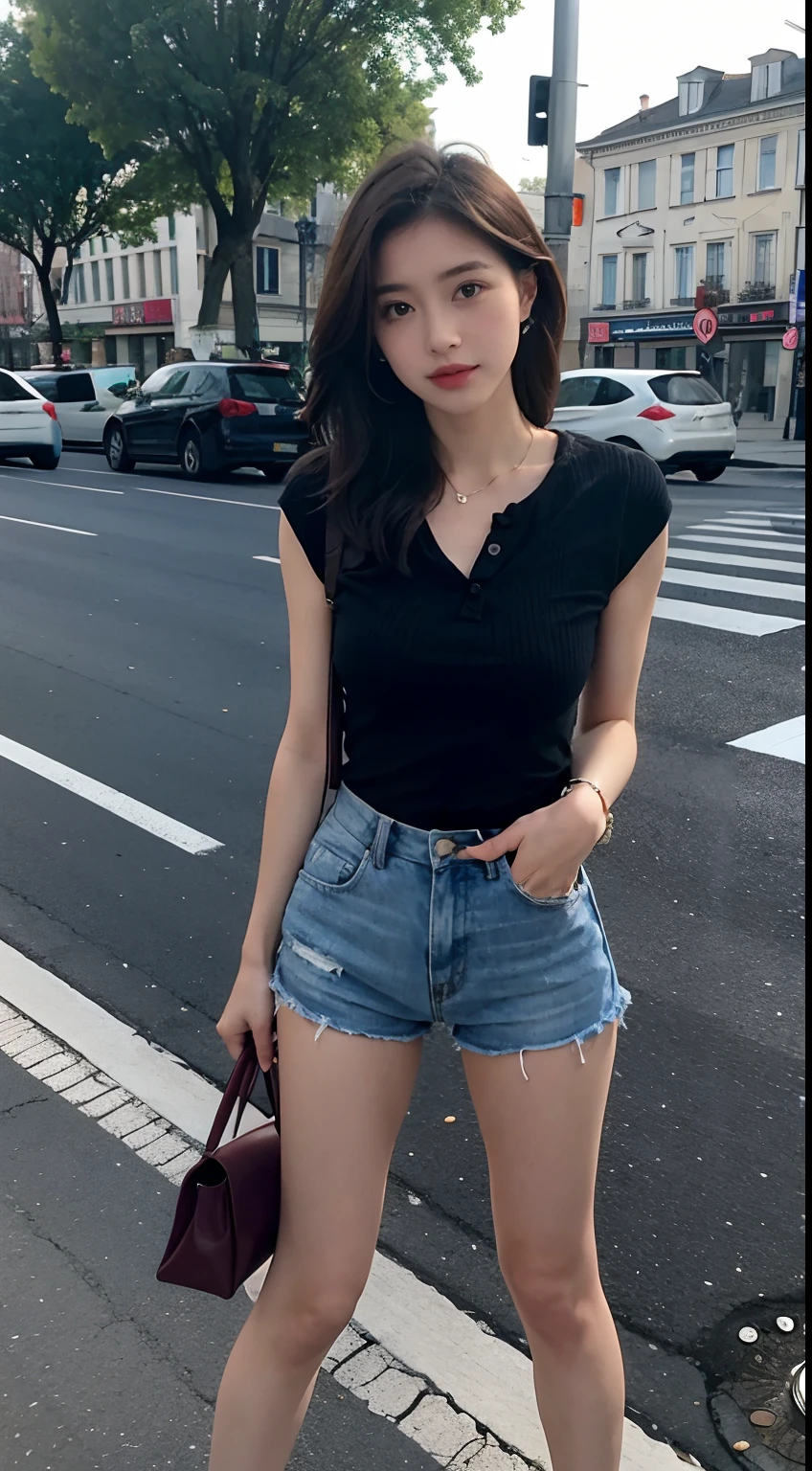 (Top Quality, 16k, Masterpiece: 1.3)), 1 Girl, Sharp Focus: 1.2, Beautiful Woman with Perfect Figure: 1.4, Slender Abs: 1.2, (((Short Bob Hair)), ((Small: 1.4)), ((Beautiful Face Idol: 1.3)), ((Pink Sleeveless 1.5)), Highly Detailed Face and Skin Texture, Detailed Eyes, Double Eyelids, (((Pause)), (Seductive)), Walking Street, modern urban building