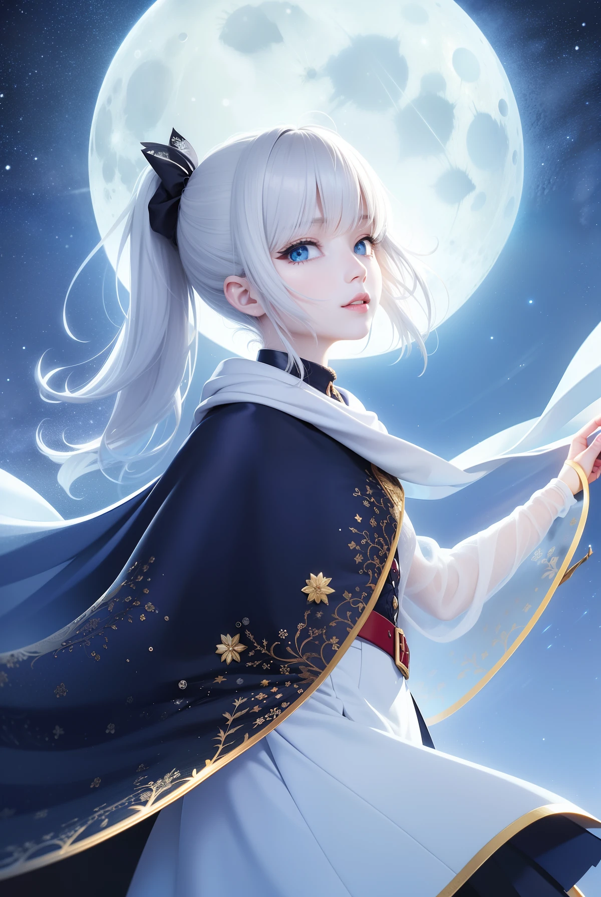 Masterpiece, (Best Quality: 1.2), (Super Fine: 1.2), Illustration, (Extremely Delicate and Beautiful: 1.2), Film Angle, Floating, (Beautiful Detail Eye: 1.1), (Detail Light: 1.1), Film Lights, Delicate Sky, Woman, White Hair, Blue Eyes, (High Ponytail: 1.1), Cloak, Glowing Eyes, (Moon: 1.2), (Moonlight: 1.1), Starry Sky, (Light Particles: 1.1), Fog , snow painting, sketching, blooming
