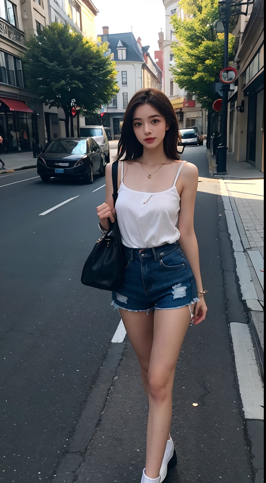 Beutiful women，In the middle of the street，Short clothes，adolable