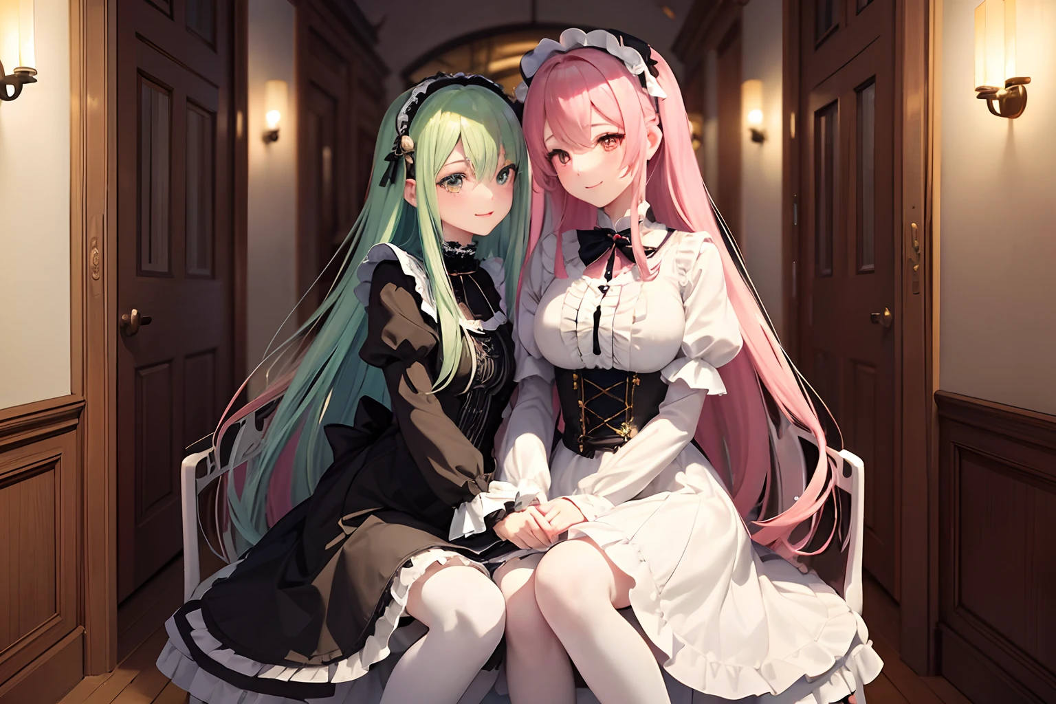 nffsw,Breasts squeezed together,Cooperative,breasts ,breast in 1,hetero,Striped panties,panties aside,((harems)),hetero,Green hair,Light pink hair,Pink Lolita Clothes,Striped socks,Striped panties,blushed face,Cat ears,Pink eyes,Smile with open mouth,Light blue Lolita,garter strap,Top image quality,Best Quality