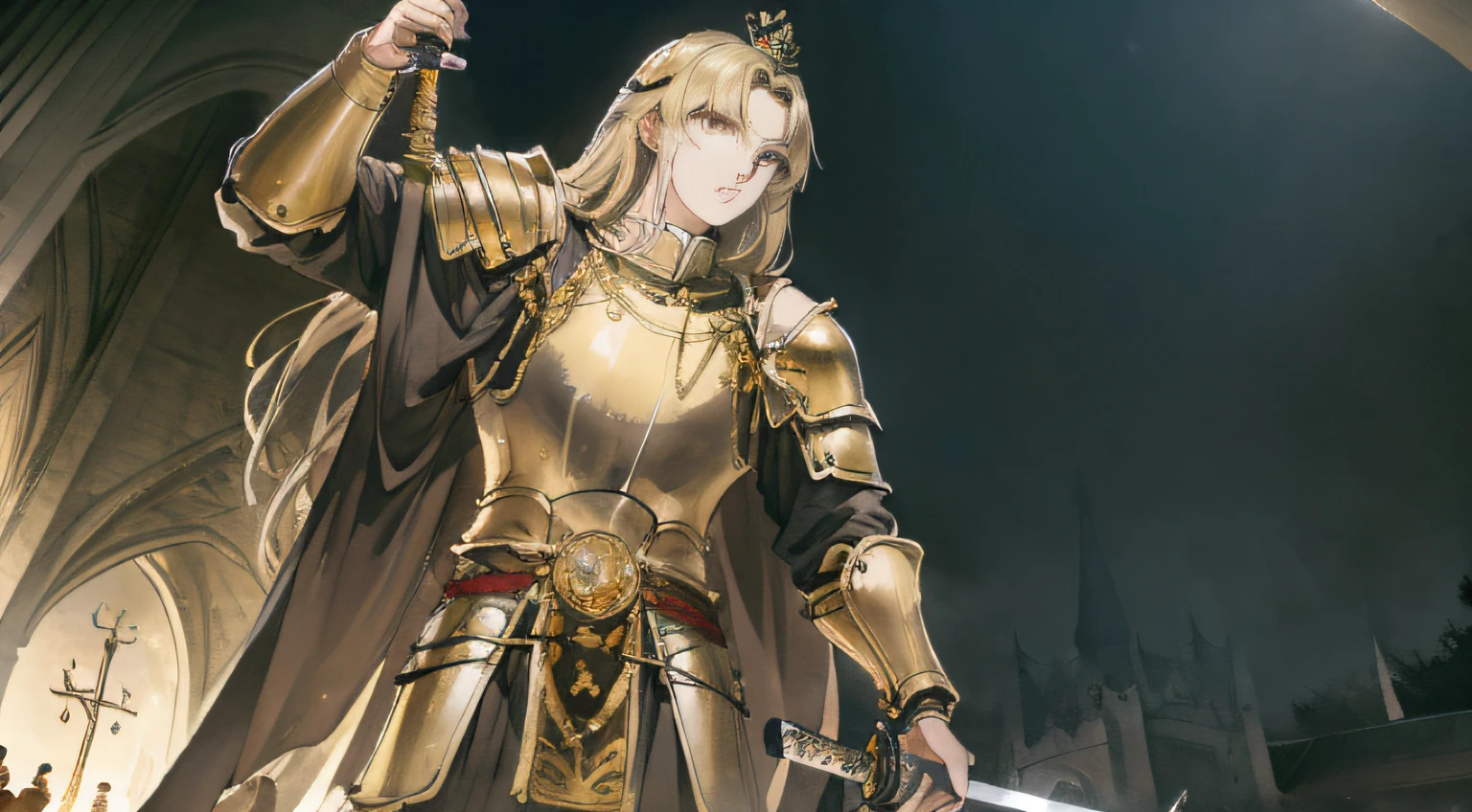 tmasterpiece，best qualtiy，1 male，AS-Adult，Handsome，tall muscular man，broad shoulder，Delicate eyes and delicate face，extremely detailed CG unified 8k wallpaper，intricate-detail，long golden hair，Knight with a crown，s Armor，Big sword，holy，cathedral, religion, exalted, battlefiled, depth of fields
