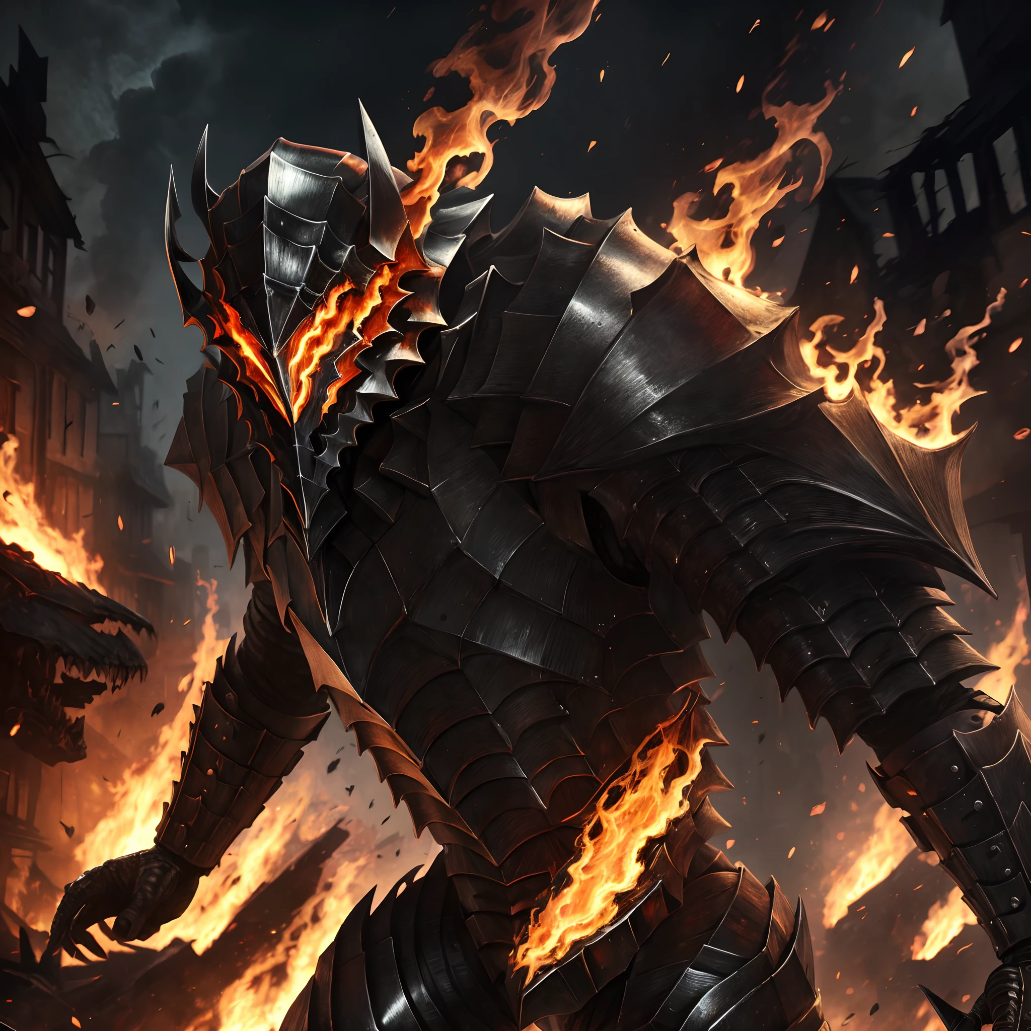 1humanoid monster, wearing jet black armour, wearing a helmet with jagged metal teeth designs, walking through a burning village, damaged armour,red eyes, extremely detailed, absolutely stunning art, wallpaper 8k, HD quality,