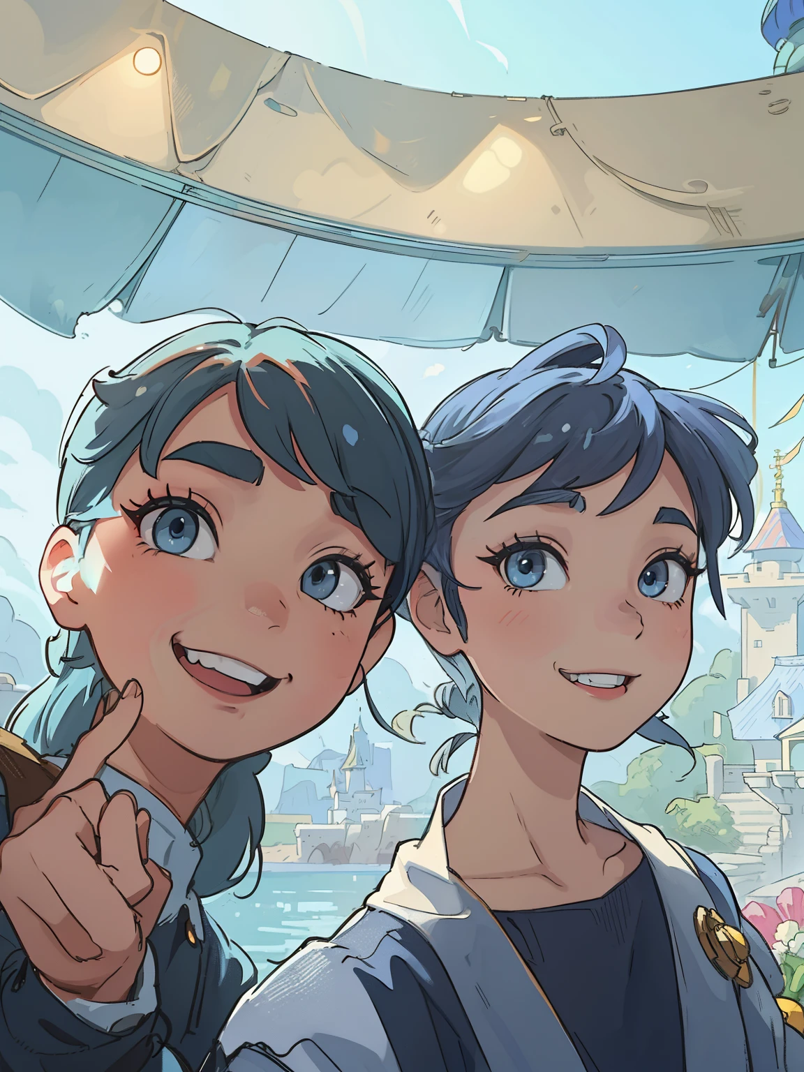 masterpiece、hight resolution、depth of fields、dynamic ungle、1girl in、校服、Disney Parks、popcorn、The Little Mermaid Area、Light blue hairstyle、Bomao、a smile