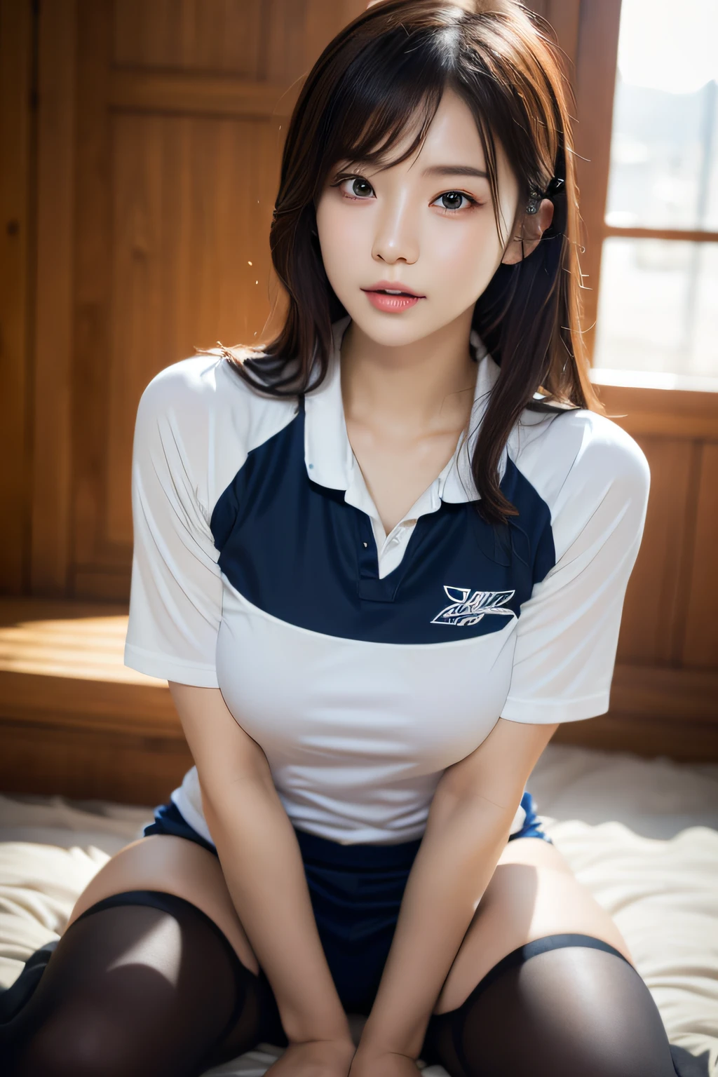 Dressed up、(Photo real:1.4)、(A hyper-realistic:1.4)、(Photorealistic:1.3)、 (gentle lighting: 1.05)、(Improve the lighting quality of your video:0.9)、32 k、 1Girl、20 years old girl、photorealistic lighting、Back lighting、Facial Lights、Ray Trace、(bright:1.2)、(Increase quality:1.4)、 (best quality real texture skin)、Fair eyes,Delicate and delicate face、 (tired and sleepy and satisfied : 0.0), Close-up of the face, volleyball uniform : 1.3, (Bodyline mood improvement:1.1)、Glossy skin、pornstar、韓国アイドル、乃木坂アイドル、Sculptural Idol Pose、Beautiful actress、Neat woman、s whole body, and spread the legs apart, Big breasts, big thighs,