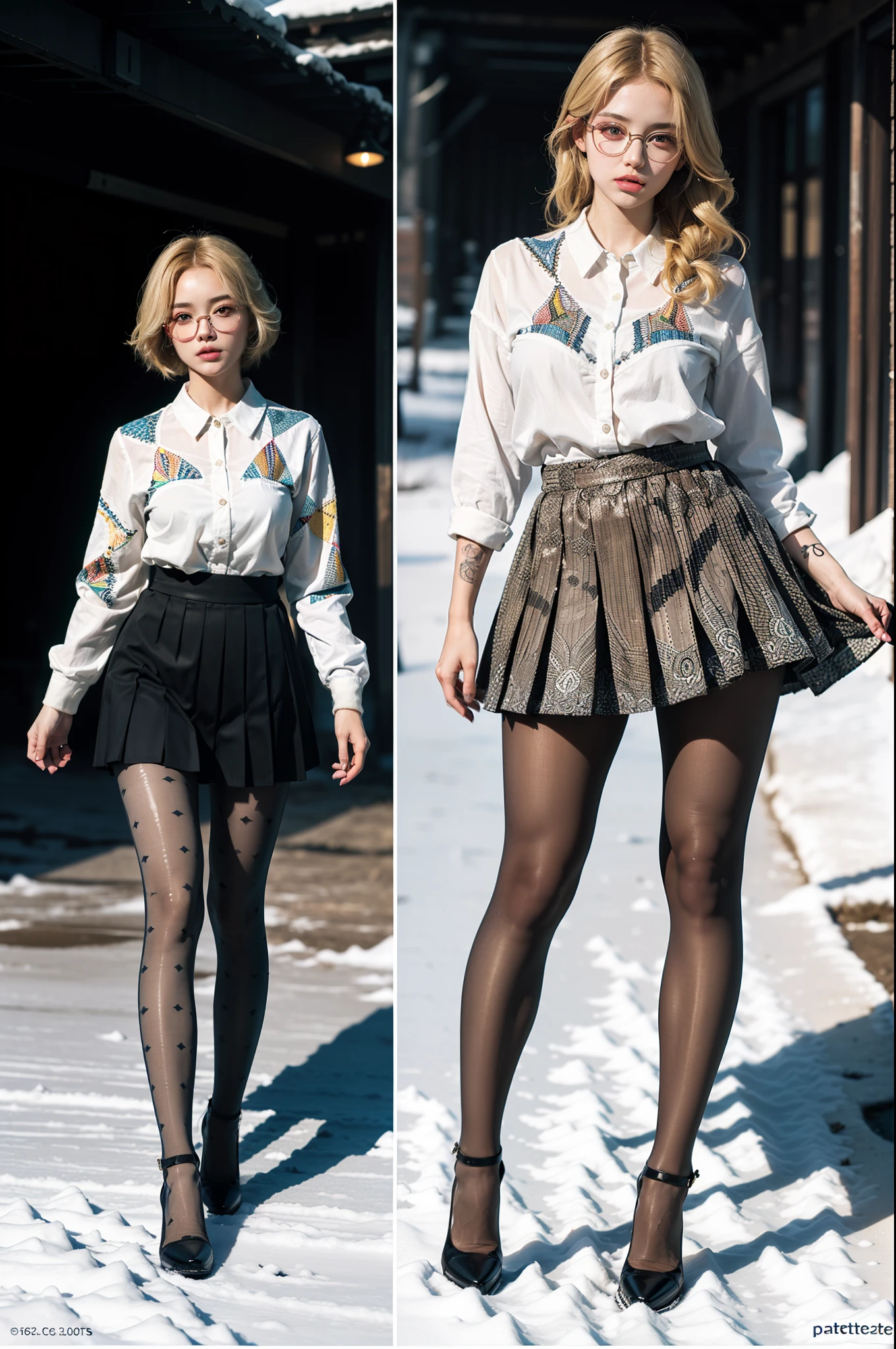 (full body:1.5)，(((1girl)):1.4),(view the viewer:1.4)，(( correct):1.45),(((Dancing on Snowy Mountains))),((Perfectly integrated background)):1.3),(she wears large glasses and Holding book in her hand:1.2),(shy:1.15)，((Student pleated skirt's set):1.2),(((((((Patterns)))))) ,((thick pantyhose)):1.3),(((tattoo)):1.3),( Uniform high heels leather shoes with bows for female students:1.1)，(((colorful)):1.2),(Accurate and perfect face:1.3),((red-eyed blonde):1.2)，hyper HD, Ray traching, reflective light， structurally correct, Award-Awarded, high detail, lighten shade contrast, Face lighting ，cinematic lighting, masterpiece, super detailing, high quality, high detail, best quality, 16k，High contrast,