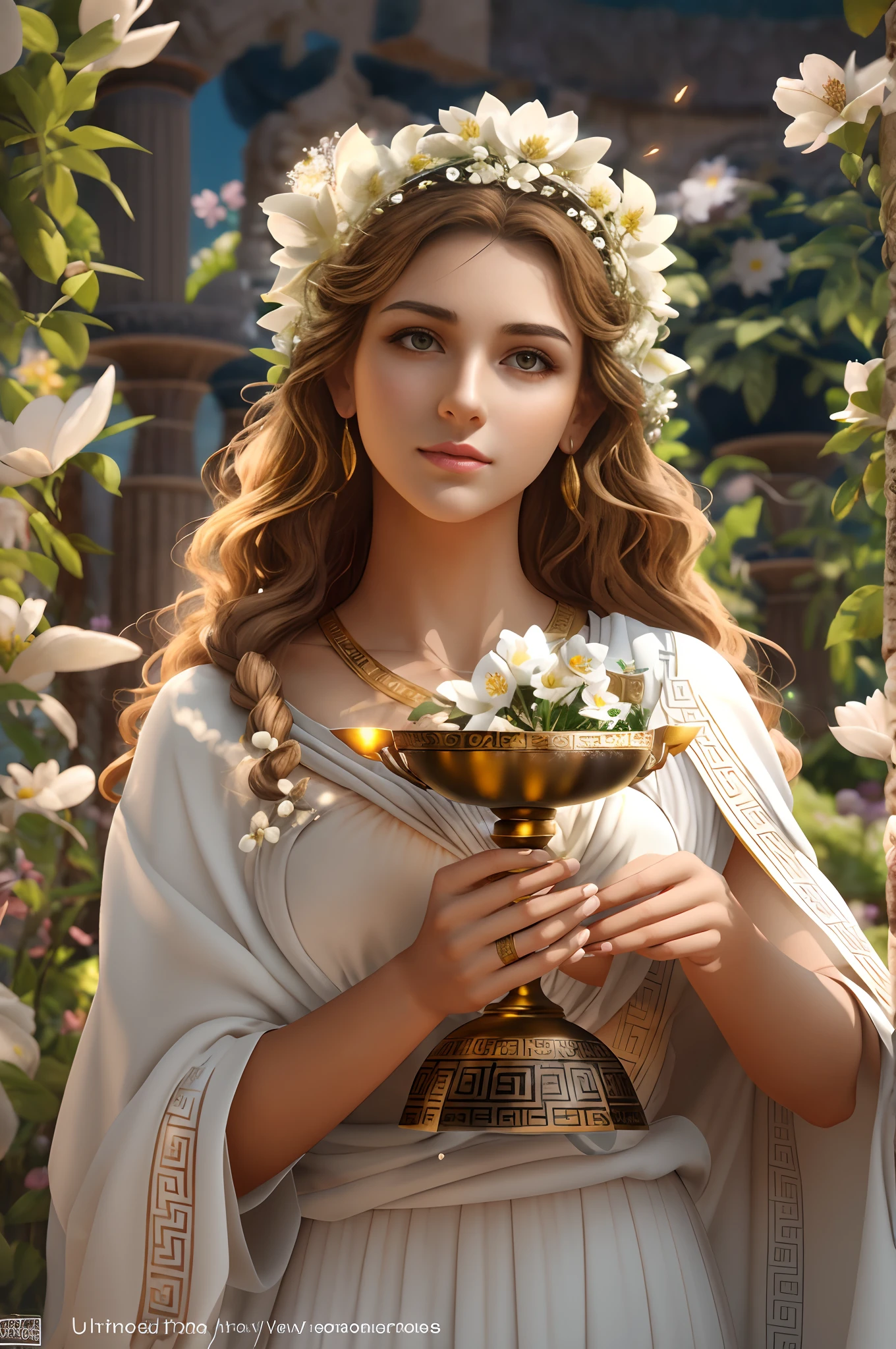 greek girl goddess of youth, with light brown hair, looks beautiful bright and innocent, wears white greek toga, kylix, oinochoe, flower garden of Olympia, Greek Mythology, happy and fun atmosphere, description of ultrra-accurate hands, photorealistic, super detail, masterpiece, best quality, highres, 8k
