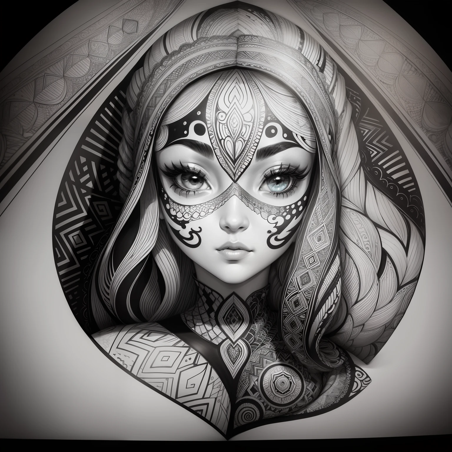 Zentangle, coloring book illustratio, black and white, fine line art, fine line drawing (brains),  Eduardo Kobra acolchoamento ,multidimensional geometric PORTRAIT wall, arte, chibi,
yang08k, lindo, colorido, obras-primas, qualidade superior, melhor qualidade, arte oficial, beautiful and aesthetic,