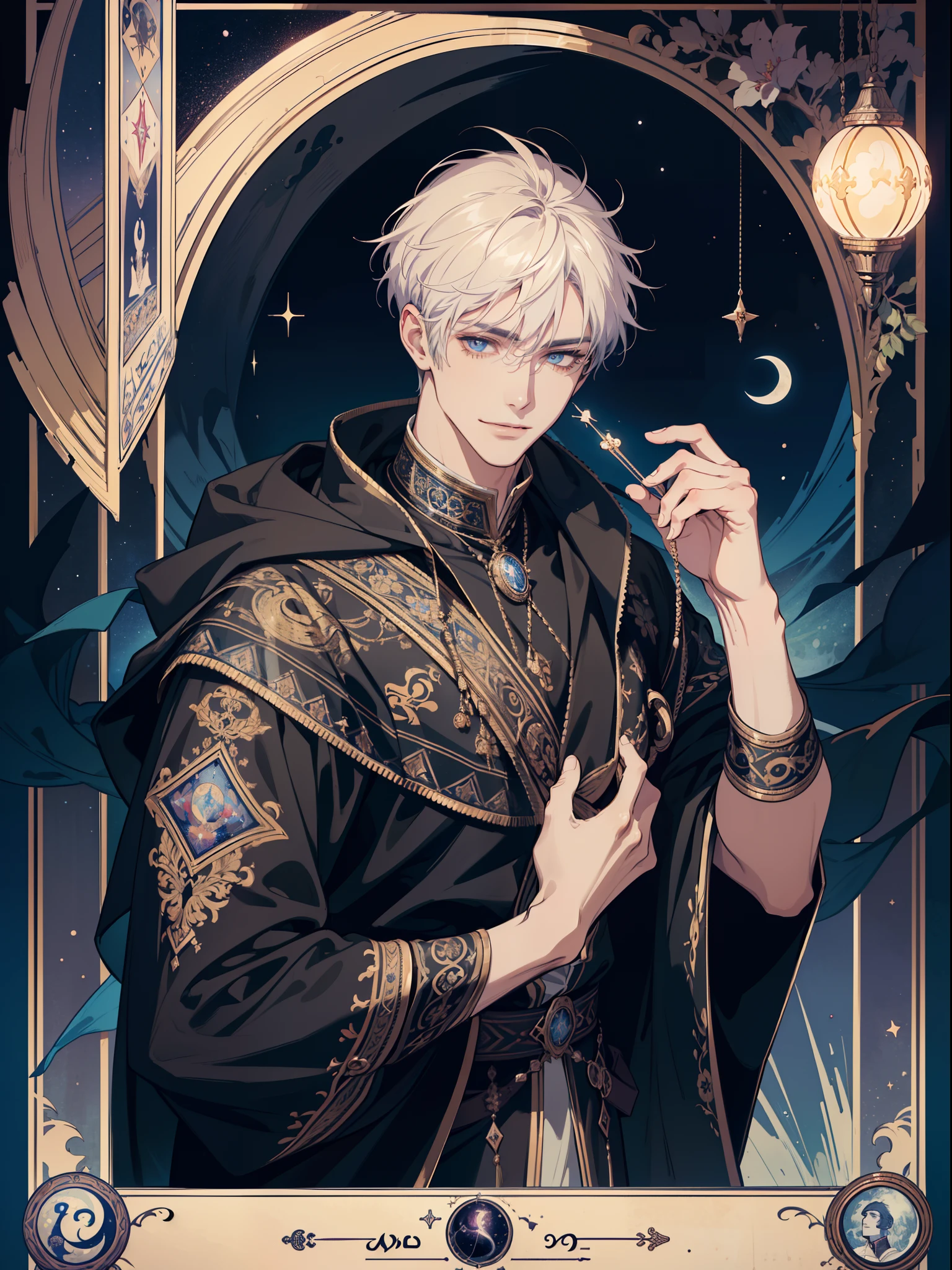 (absurdres, highres, ultra detailed), 1 male, adult, handsome, finely detailed eyes and detailed face, night sky, the moon \tarot\, Symbolism, Visual art, Occult, Universal, Vision casting, Philosophical, Iconography, Numerology, Popularity, Artistic, Alphone Mucha, short hair, smile, calm expression