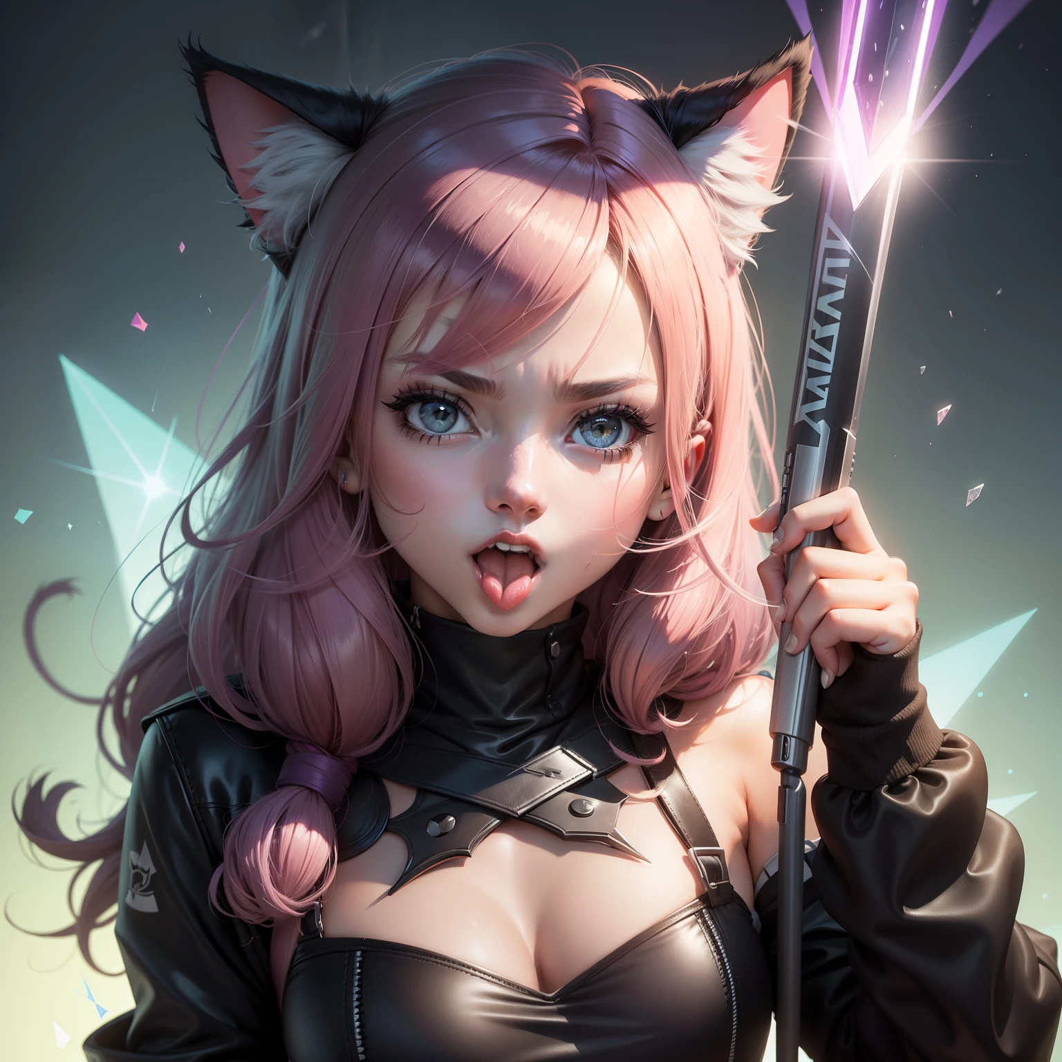 quadratic element,cat ear,teens girl,Open-mouthed,Stick out your tongue,On the tongue lies a villain