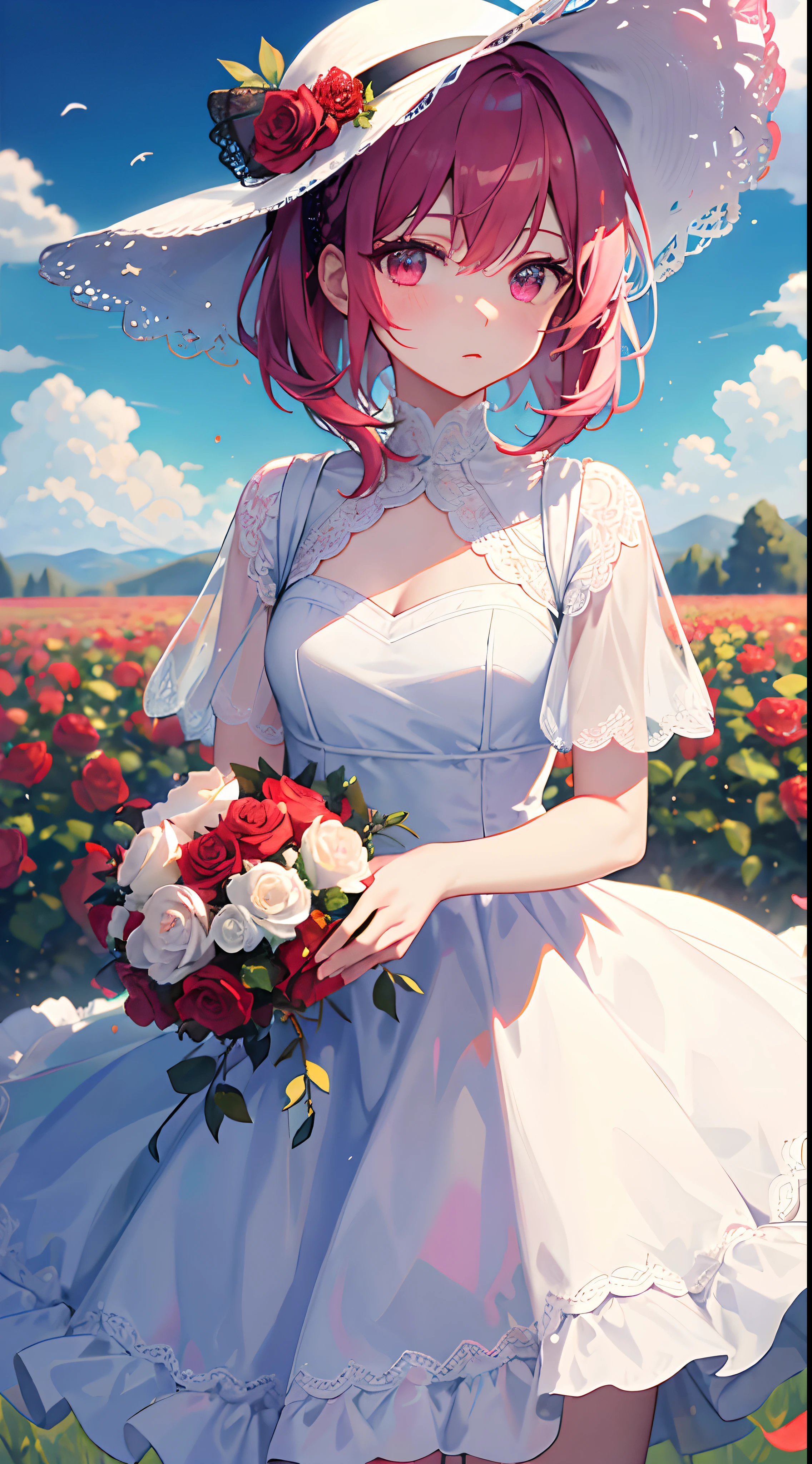 ((Masterpiece, Best quality)), 1girll, flower, Solo, dress, Holding, sky, Cloud, Hat, Outdoors, bangs, Bouquet, Rose, Expressionless, Blush, Pink hair, flower field, Red flower, Pink eyes, White dress, view the viewer, medium haired, holding flower, Small breasts, Red rose, holding flower bouquet, Sun hat, White headwear, Depth of field,