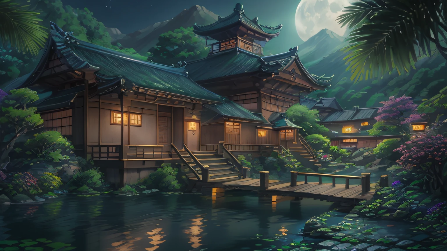 16:9 Full picture，Chinese Ancient Architecture、Hazy moon、the night、trpical garden、bamboos、lakes、stone、Rockery、archs、nooks、Rockery、The tree、flowingwater、scenecy、exteriors、waterfallr、grassy fields、Rochas、water lilies、hot onsen、vapour、（illustratio：1.0）、Epic composition、Detail enhancement，Detail enhancement。Realistic lighting、high definition detail、tmasterpiece、The best quality，（Very detailed CG unified 16k wallpaper），（The best quality）