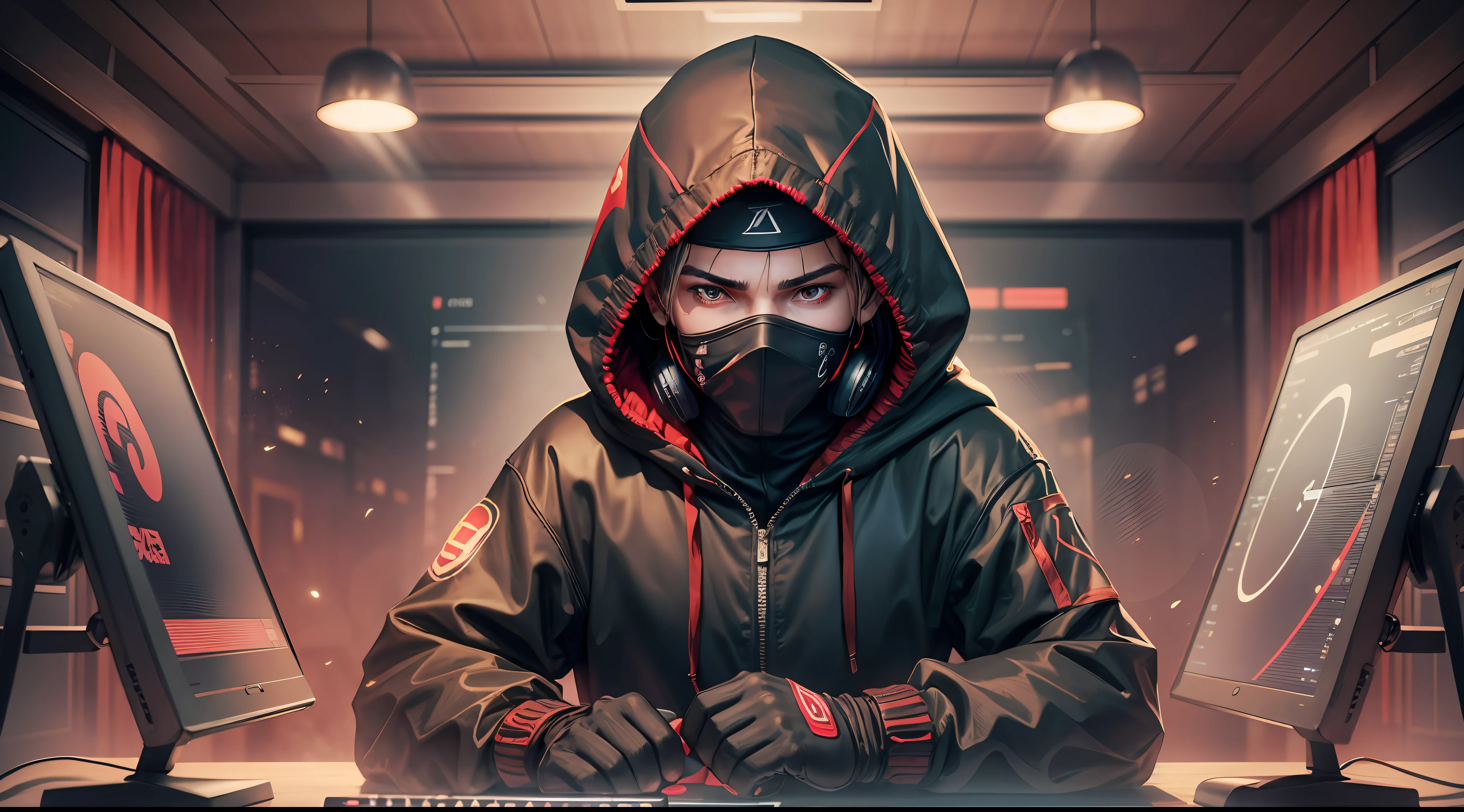 Banner,a hooded ninja with headset, facing camera, with a table in front of it a microphone and electronic equipment, dark theme red and dark colors