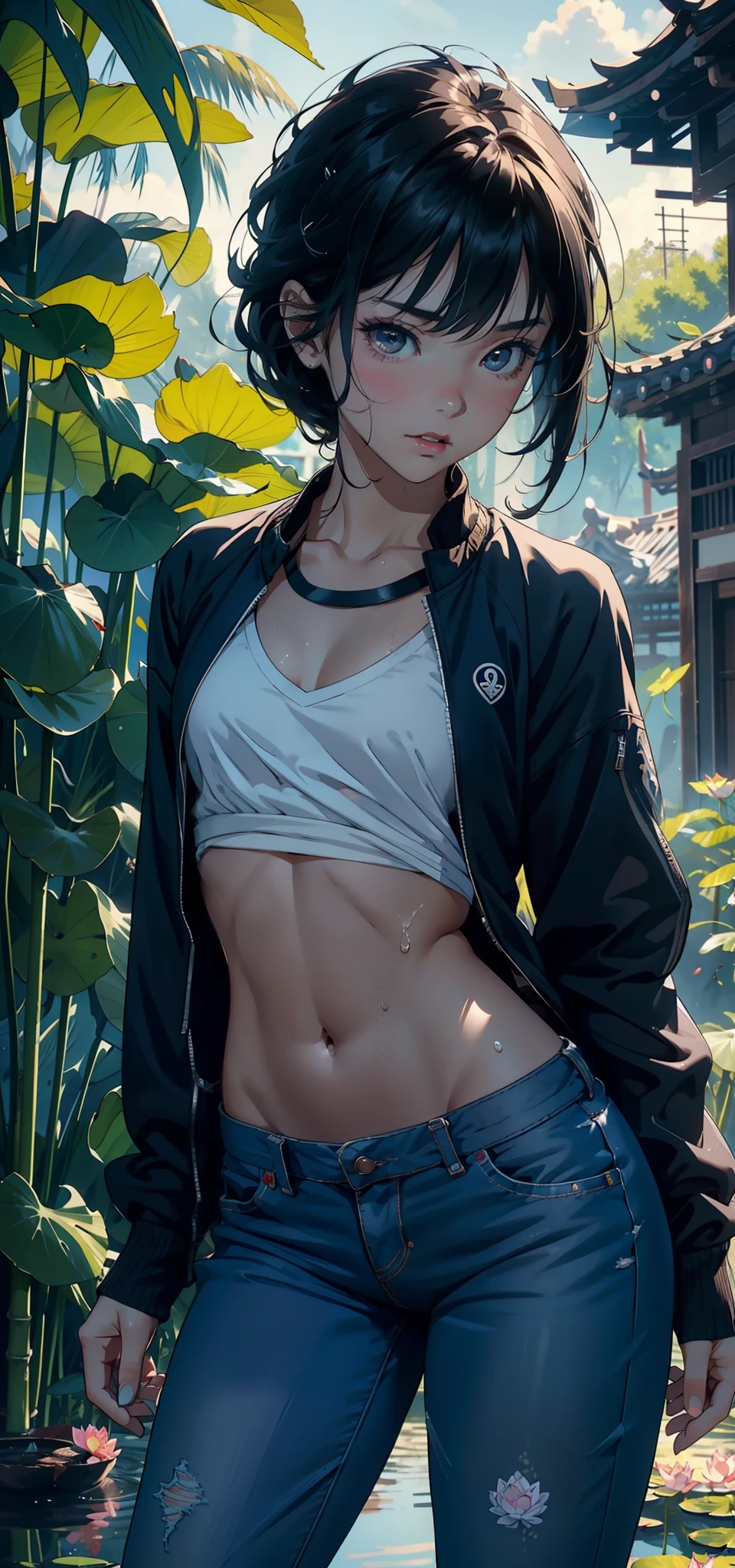 1female,,bit girl,Small loli,Small t Thin waist,Pornographic exposure, 独奏,(Background with:bamboo forrest,lotuses,lotus flower,exteriors,Lotus pond) She has short black hair,Qi bangs,bobo head,standing on your feet,Sweat profusely,drenched all over the body,seen from the front, hair straight, mostly cloudy sky,(((tmasterpiece),(Very detailed CG unity 8K wallpaper),best qualtiy,cinmatic lighting,detailed back ground,beatiful detailed eyes,Bright pupils,Black eyes,(Very fine and beautiful),(Beautiful and detailed eye description),ultra - detailed,tmasterpiece,)),facing at camera,A high resolution,ultra - detailed),revealing breasts,Bare genitalia, Bulge,legs are open,Raised sexy,Camel toes,Flushed complexion,Open-mouthed,frontage,elementary student(Black baseball jacket,Sexy revealing jeans,athletic sneakers,nakeness),Full body photo,frontage