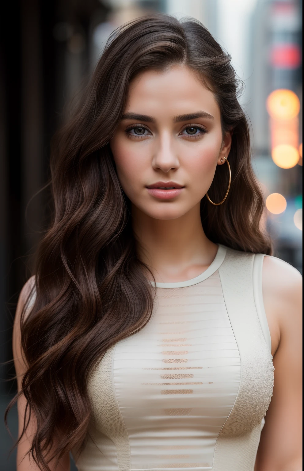 photo of a 25-year-old European girl, RAW, beautiful woman, (extra long wavy brown hair), ((portrait)), ((detailed face: 1.2)), ((detailed facial features)), (finely detailed skin), pale skin, transparent clothing, bodycon hasmat bodycon of highly detailed deep neckline, megacity environment, (cool colors), damp, damp, reflections, (masterpiece) (perfect proportion)(realistic photo)(best quality) (detailed) photographed on a Canon EOS R5, 50mm lens, F/2.8, HDR, (8k) (wallpaper) (cinematic lighting) (dramatic lighting) (sharp focus) (intricate)