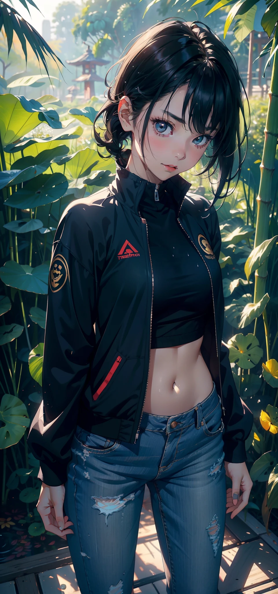 1female，3 years old，bit girl，Small loli，Small chest Thin waist，Pornographic exposure， 独奏，（Background with：bamboo forrest，lotuses，lotus flower，exteriors，Lotus pond） She has short black hair，Qi bangs，bobo head，standing on your feet，Sweat profusely，drenched all over the body，seen from the front， hair straight， mostly cloudy sky，（（（tmasterpiece），（Very detailed CG unity 8K wallpaper），best qualtiy，cinmatic lighting，detailed back ground，beatiful detailed eyes，Bright pupils，Black eyes，（Very fine and beautiful），（Beautiful and detailed eye description），ultra - detailed，tmasterpiece，）），facing at camera，A high resolution，ultra - detailed），revealing breasts，Bare genitalia，  Bulge，legs are open，Raised sexy，Camel toes，Flushed complexion，Open-mouthed，frontage，elementary student（Black baseball jacket，Sexy revealing jeans，athletic sneakers，nakeness），Full body photo，frontage