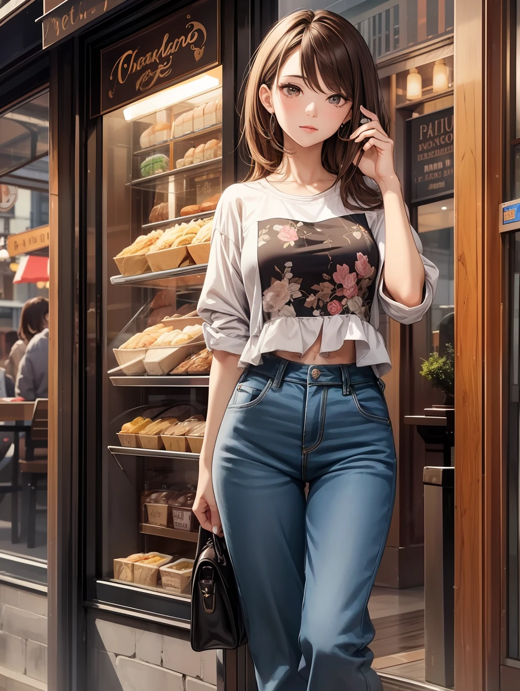 Best Quality, masutepiece, beautiful mature women、Beautiful face、Strong-minded woman、brown haired、Brown-eyed、Medium Hair、cafes、Full body like、Undersized eyes、Eat gelato