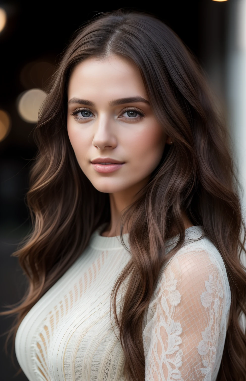 photo of a 25-year-old European girl, RAW, beautiful woman, (extra long wavy brown hair), ((portrait)), ((detailed face: 1.2)), ((detailed facial features)), (finely detailed skin), pale skin, transparent clothing, bodycon hasmat bodycon of highly detailed deep neckline, megacity environment, (cool colors), damp, damp, reflections, (masterpiece) (perfect proportion)(realistic photo)(best quality) (detailed) photographed on a Canon EOS R5, 50mm lens, F/2.8, HDR, (8k) (wallpaper) (cinematic lighting) (dramatic lighting) (sharp focus) (intricate)