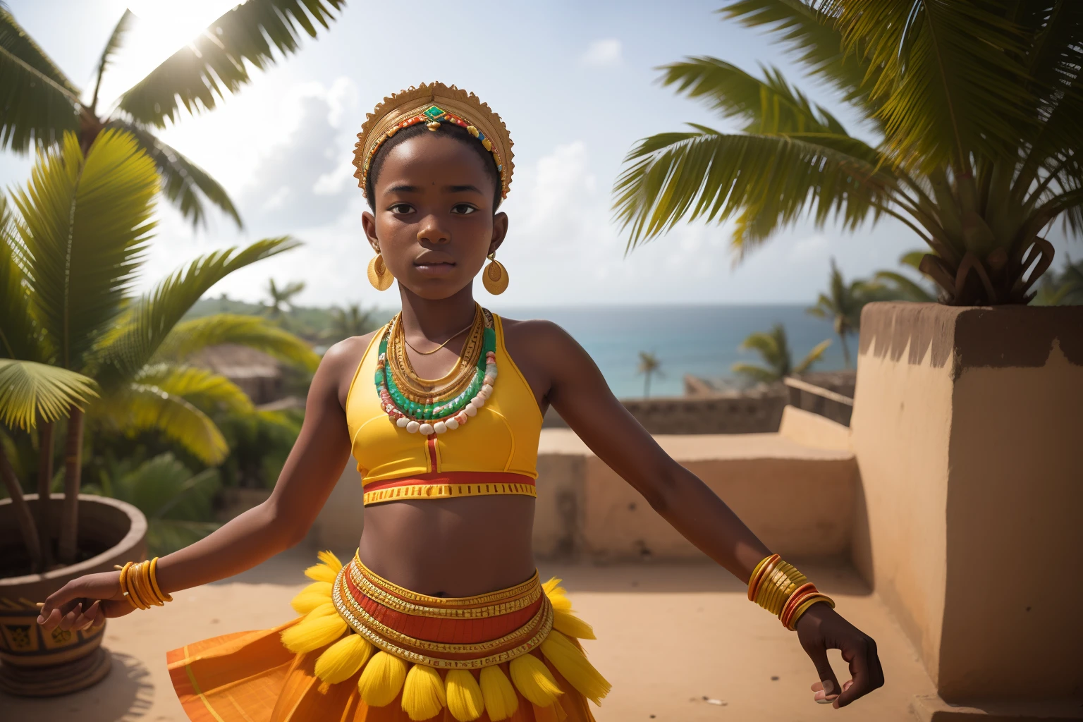 Date: 2020
Country: Comoros
Description: A teenager practices a traditional Comorian dance on a sunlit terrace, adorned in vibrant clothing that mirrors the local cultural heritage.