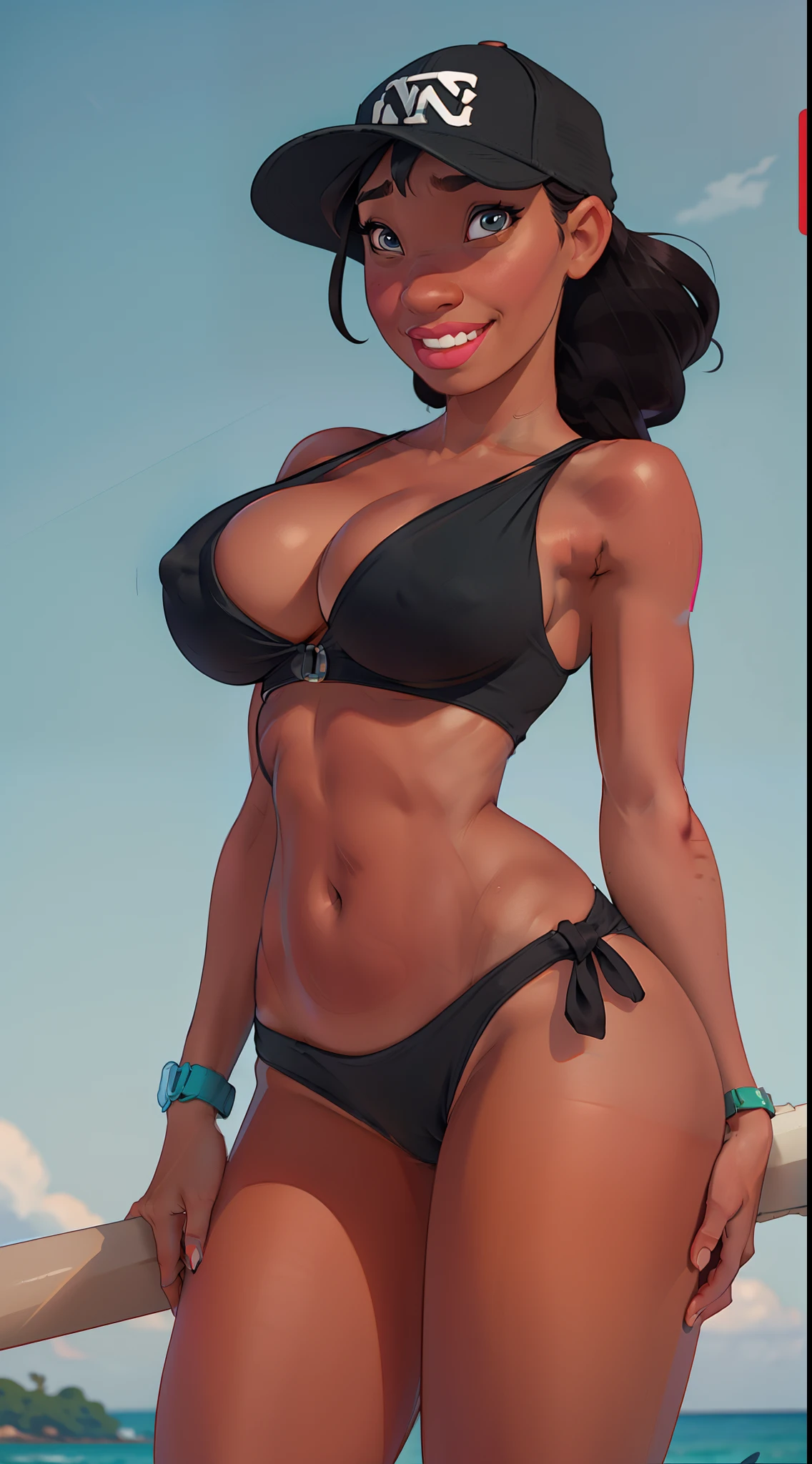 (1girl__yeld) (nwaifu) ((ebony)) ((black_skin:1.3)) (african girl) (smiling_naughty) sukeban_slluty_look, (NY_baseball_cap) bikini black_hair blue_eyes blue_headwear blush big_breasts brown_skin covered_ cowboy_shot gradient_background groin hair_between_eyes hair_through_headwear hands_on_own_hips toned_hips, toned_legs Thighs_toned_muscles, tall, thick_sexy_thighs thick_shapely_legs curvy_toned_body NY_hat long_curly_hairy looking_at_viewer (Huge_saggy_breasts:1.2) (arm_support_breasts) huge_cleavage, detailed_ navel parted_lips partially_visible_ pink_background ponytail shrug_(clothing) side-tie_bikini_bottom solo toned_stomach sweat swimsuit thighs underboob white_bikini, stunning gorgeous, very attractive young thick girl, explicit NSFW