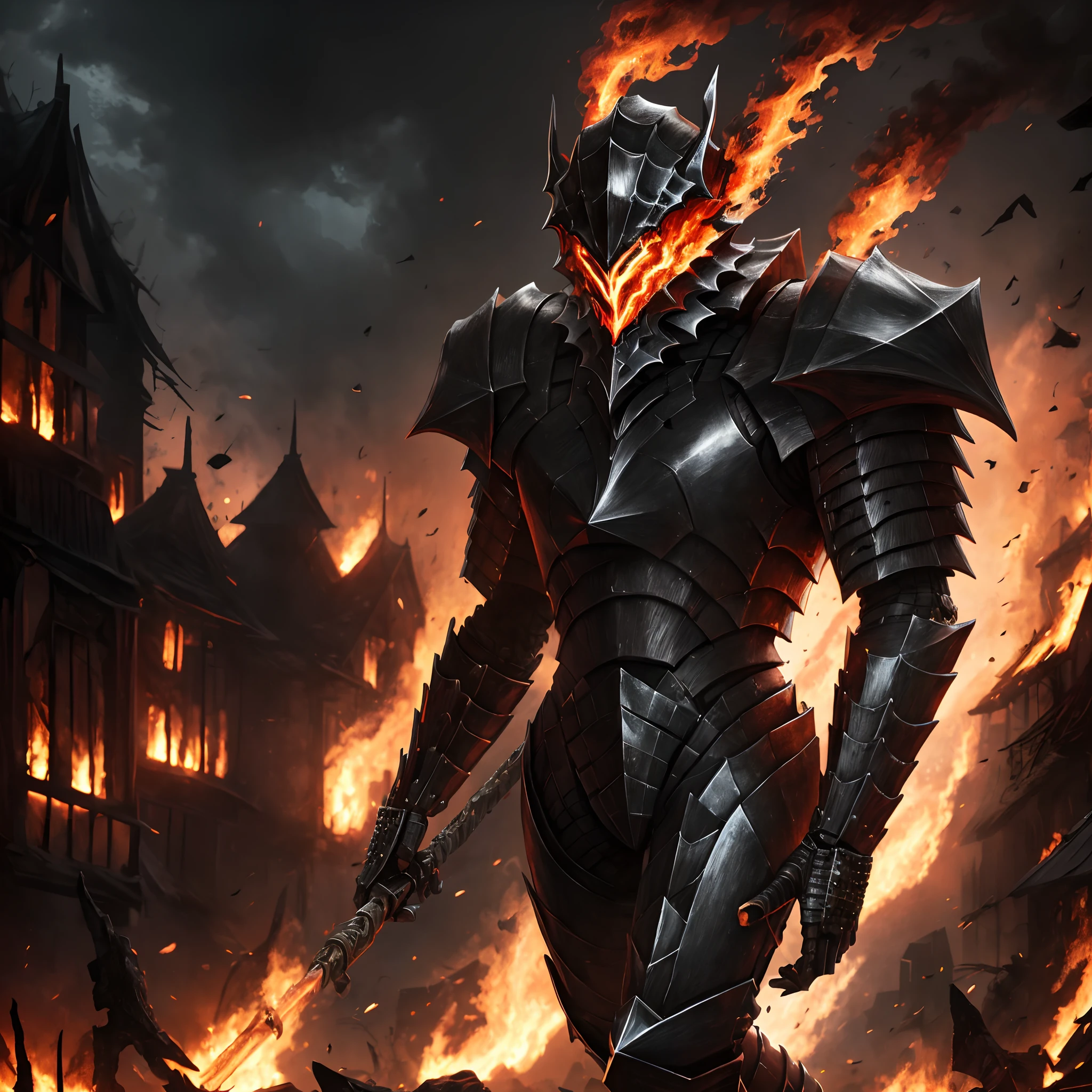 1humanoid monster, beserker armour,slim, wearing jet black armour, wearing a helmet with jagged metal teeth designs, walking through a burning village, damaged armour,(red eyes), extremely detailed, absolutely stunning art, wallpaper 8k, HD quality,