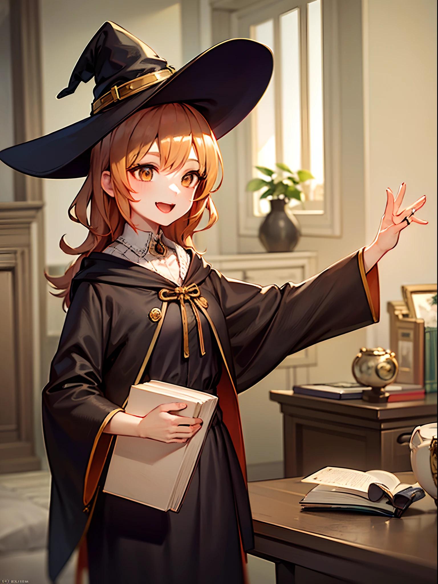 A adorable young witch, dressed in a witch robe, sporting short vibrant orange hair, engrossed in a book with a delighted expression, (masterpiece:1.3), (vibrant:1.2), (more details:1.1), (golden ratio:1.3)