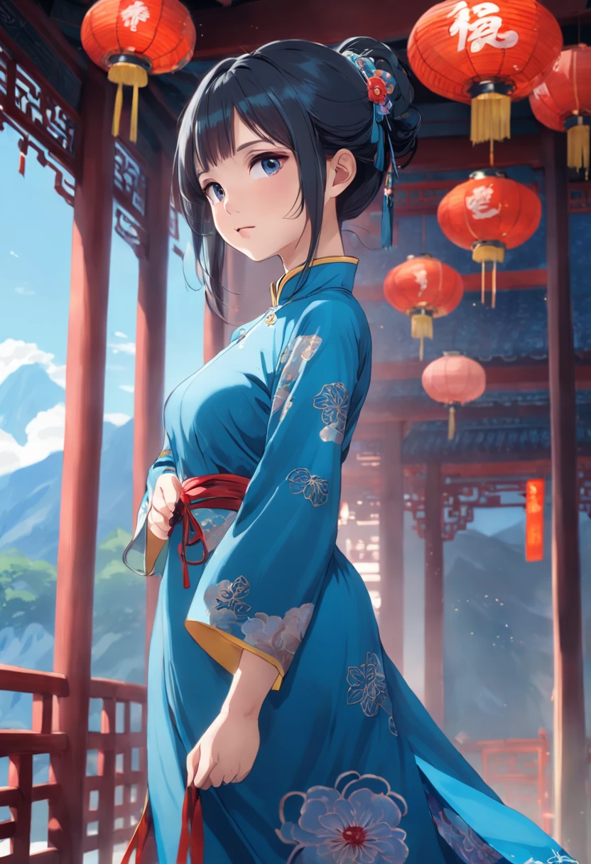 arafed woman in a blue dress posing for a picture, xintong chen, personal profile picture, Chinese woman, ruan jia beautiful!, profile photo, trending photo, Yun Ling, wearing a blue qipao dress, full-body xianxia, Gorgeous lady, wenfei ye, in style of lam manh, inspired by Leng Mei, Chinese girl