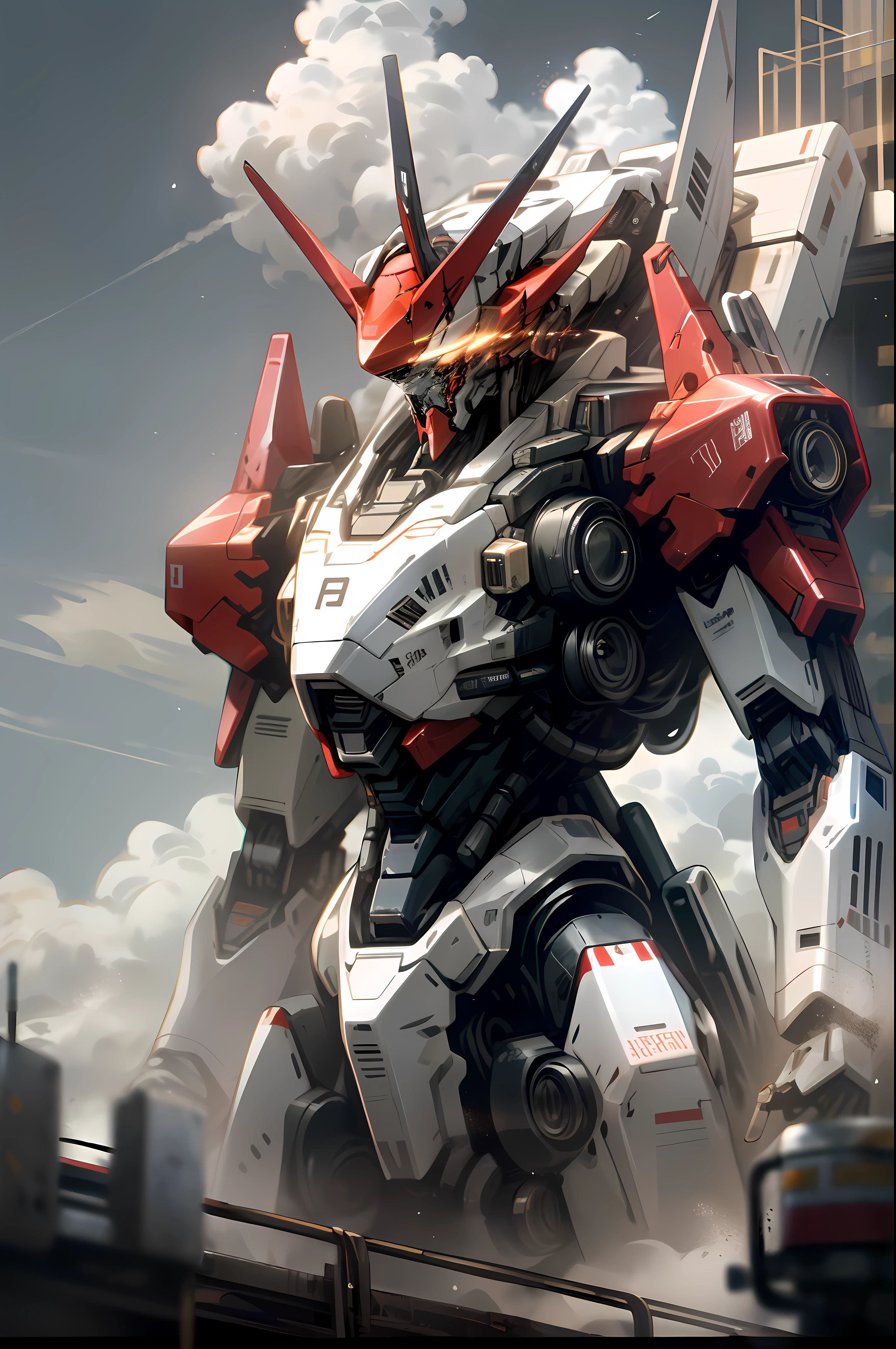 Skysky,clouds,Holding_arma,No_Humanity,with light glowing,,droid,buliding,Glowing_Eyes,Mecha,scientific fiction,The end of the world,城市,Realistis,Mecha