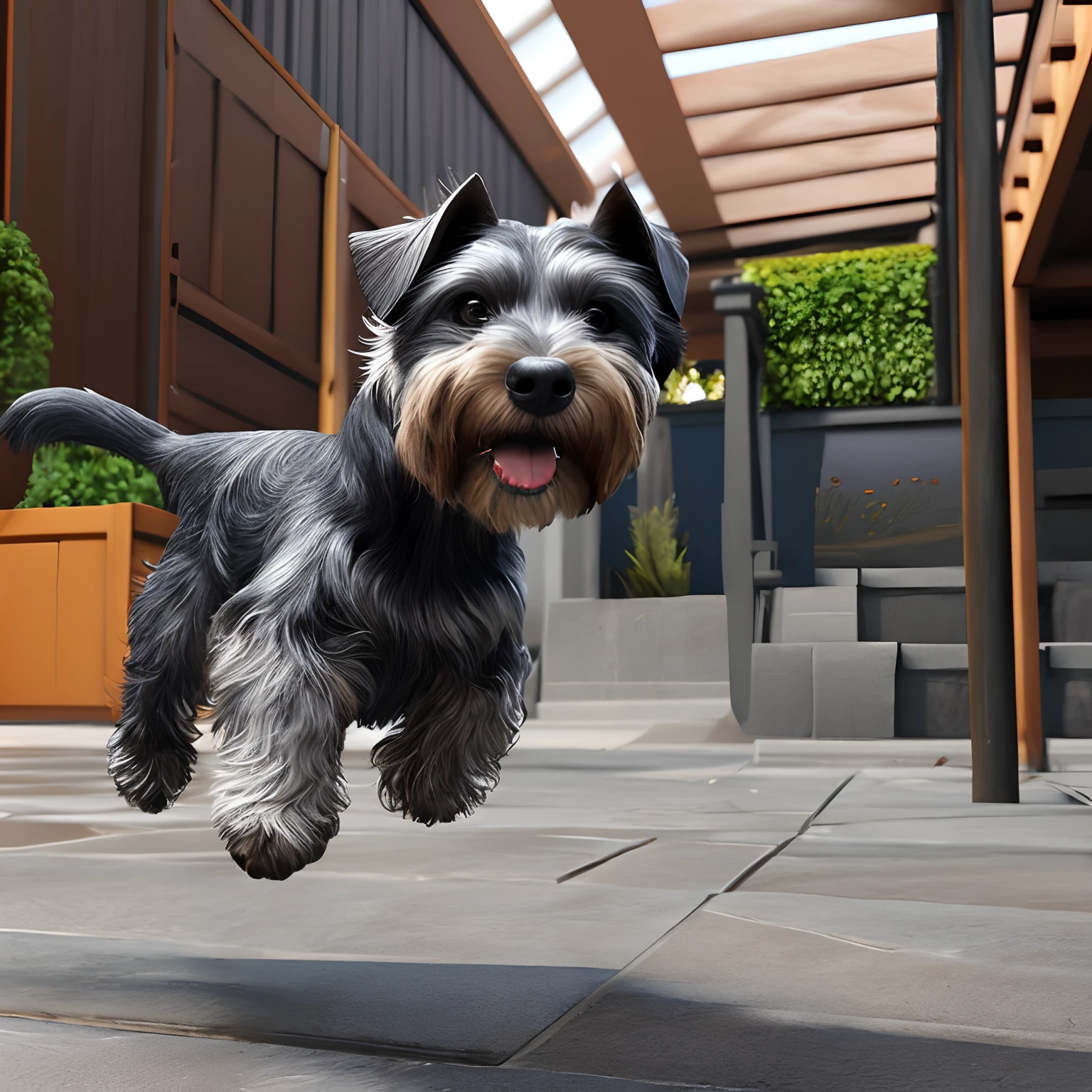 Dog jumping with one hand raised、Cute Adorable Miniature Schnauzer、a Dog,Unreal Engine、Art Station、Detailed digital painting、film like、Mark Leiden、Pixar、Character design by Hayao Miyazaki、Unreal 5、daz、Hyper-realistic、Octane Render、3DMDT1