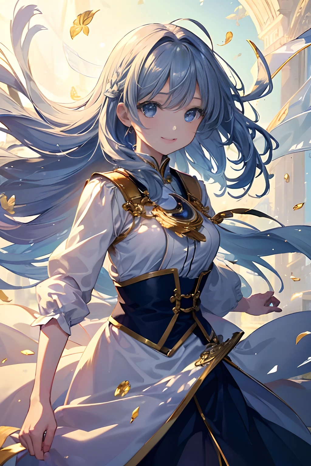 (((​masterpiece)))、(((top-quality)))、((ultra-detailliert))、(illustratio)、((extremely delicate and beautiful))、Bright smile、floating、(Detailed light) (1girl in)、、独奏、The long-haired、The wind is blowing、A WORLD、（cute eye）、military outfits