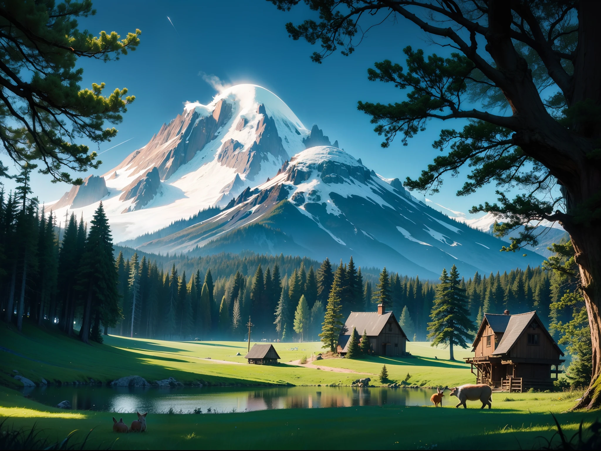 fairy village enchanted pacific northwest forest with mount baker in the background a night with three-eyed-rabbits and foxes and birds and bears and oversized glowing mushrooms