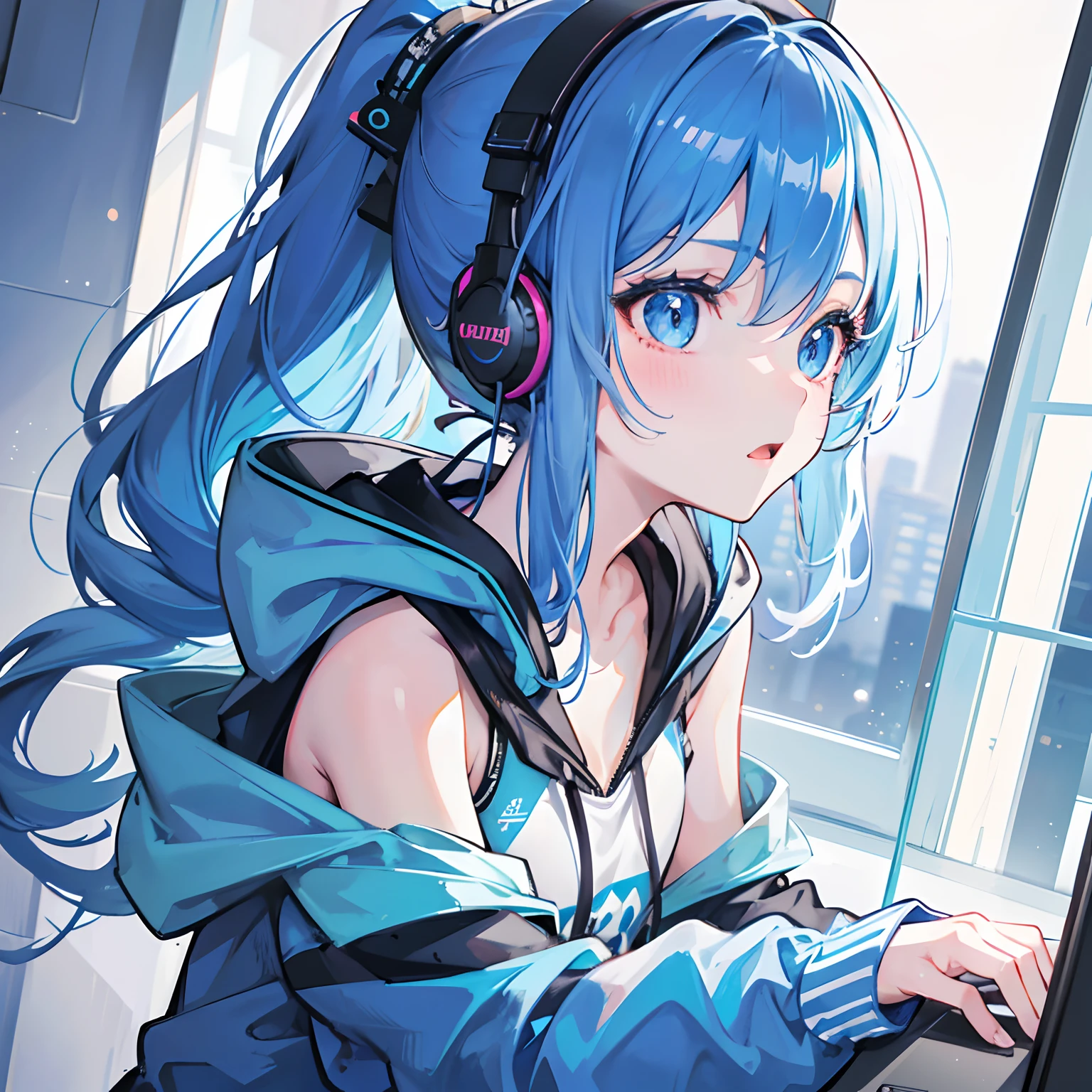 (1 girl, solo), indoor girl, girl wearing a blue hoodie, petite body, ice blue hair, ponytail, princess curls, exposed shoulders, wearing headphones, shorts, girl listening to music, cute and playful girl, blue eyes, vibrant atmosphere, mouth open, (close-up shot), (masterpiece, best quality, high-resolution, beautiful face, 8K illustrations, detailed background), indoor lighting, Edge light, sparkling, volume light, light particles, warm light, modern, perspective, fashionable, isometric design, symmetrical portrait, (side view: 1.2), (2.5D), with crystal clear sweat on the face, posing, (surprised expression)