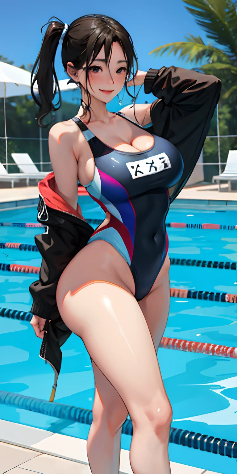 realisticlying、、Competitive swimsuit style girls、Big butt、Thicker thighs、Slightly emphasizes breasts and cleavage、Face Real、A sexy、Pool with big chest face on smiling background