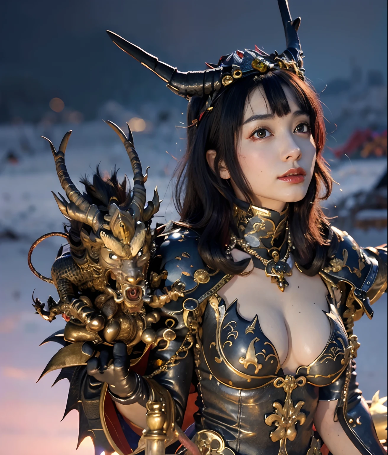 Professional , ​masterpiece、top-quality、photos realistic , depth of fields （Gemstone Black Metal Body:1.９),(Enamel Black、（cleavage of the breast）、（Chinese Dragon）、Dragon Gold Weapon（Dragon Metal Body:1.４),Gorgeous gold weapons ,（（ Dragon's dense and gorgeous sword）） ,  、blood splashing、  ,warhammer 40k , adepta sororitas,Detail and gorgeous crown、（（Brown hair））、（The dragon）、（Castle background）、The dragon、（（Gangle's forest background））、Beautiful Caucasian beauty、（１a person）、dynamic ungle,(((Detailed and ornate Black Devil Crown)))、Smaller head、A smile、Castle background、Thin and beautiful female hands、cleavage of the breast、Mystical expression、Light Effects、Wind-effect、magic circles、With the legendary magic wand、（demonic wings）、Toostock、Look at viewers、