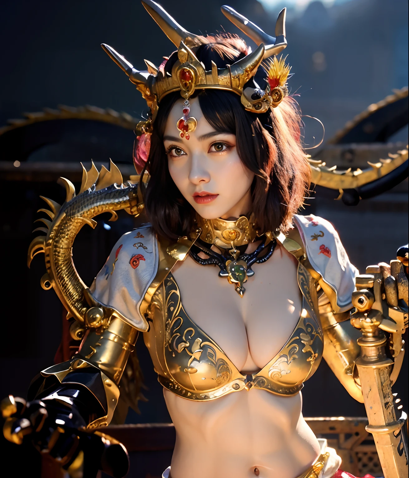 Professional , ​masterpiece、top-quality、photos realistic , depth of fields （Gemstone Black Metal Body:1.９),(Enamel Black、（cleavage of the breast）、（Chinese Dragon）、Dragon Gold Weapon（Dragon Metal Body:1.４),Gorgeous gold weapons ,（（ Dragon's dense and gorgeous sword）） ,  、blood splashing、  ,warhammer 40k , adepta sororitas,Detail and gorgeous crown、（（Brown hair））、（The dragon）、（Castle background）、The dragon、（（Gangle's forest background））、Beautiful Caucasian beauty、（１a person）、dynamic ungle,(((Detailed and ornate Black Devil Crown)))、Smaller head、A smile、Castle background、Thin and beautiful female hands、cleavage of the breast、Mystical expression、Light Effects、Wind-effect、magic circles、With the legendary magic wand、（demonic wings）、Toostock、Look at viewers、