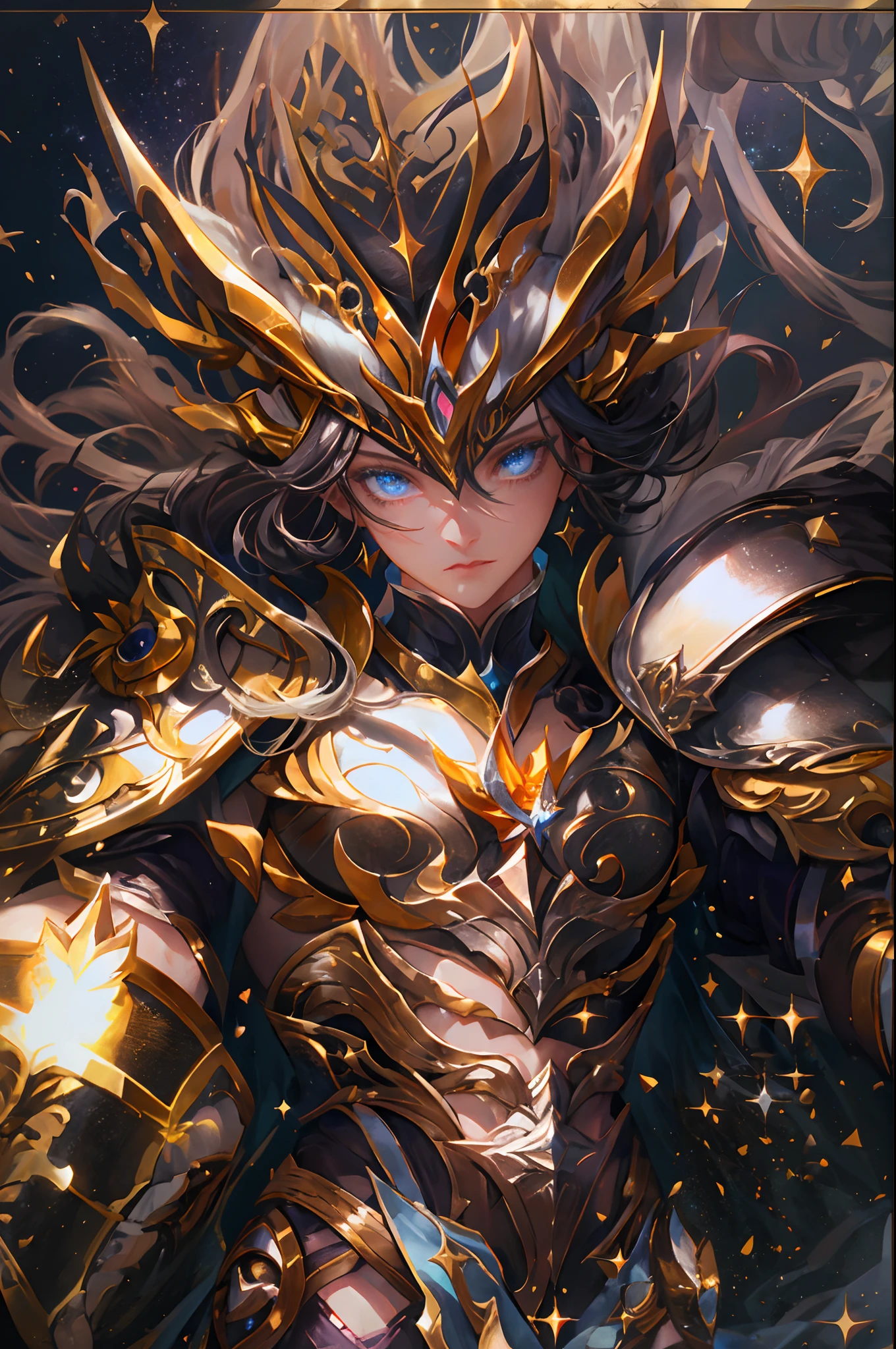 Ultra-high saturation，（tmasterpiece）， fully body photo，（best qualtiy）， （1girll）， starryskybackground，Wearing shiny gold armor， Sexy lingerie type armor，Expose your chest，Expose the waistline，Exposing thighs，cool-pose， Saint Seiya Armor， messy  hair，high detal, Anime style, Cinematic lighting, Sparkle, god light, Ray traching, filmgrain, hyper HD, textureskin, super detailing, Anatomical correct, A high resolution，Ultra-high saturation，hight contrast，High-gloss armor，Smooth skin，Serious expressions,Dark room,