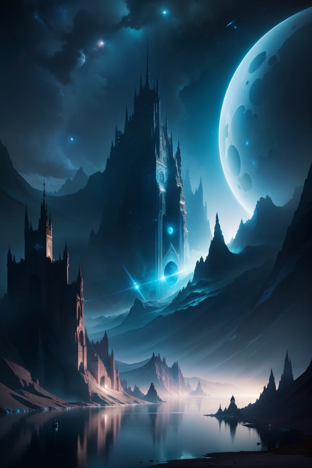 Lake view with moon and stars in the sky, Magnificent background, impressive fantasy landscape, alien breathtaking landscape, Beautiful alien landscape, Fantasy space, in the astral plane ) ) ), beautiful space, stunning alien landscape, magical scenery, detailed dreamscape, fantasy planet, very beautiful fantasy art, Art fantastique grand angle, beautiful detailed fantasy, breathtaking fantasy art