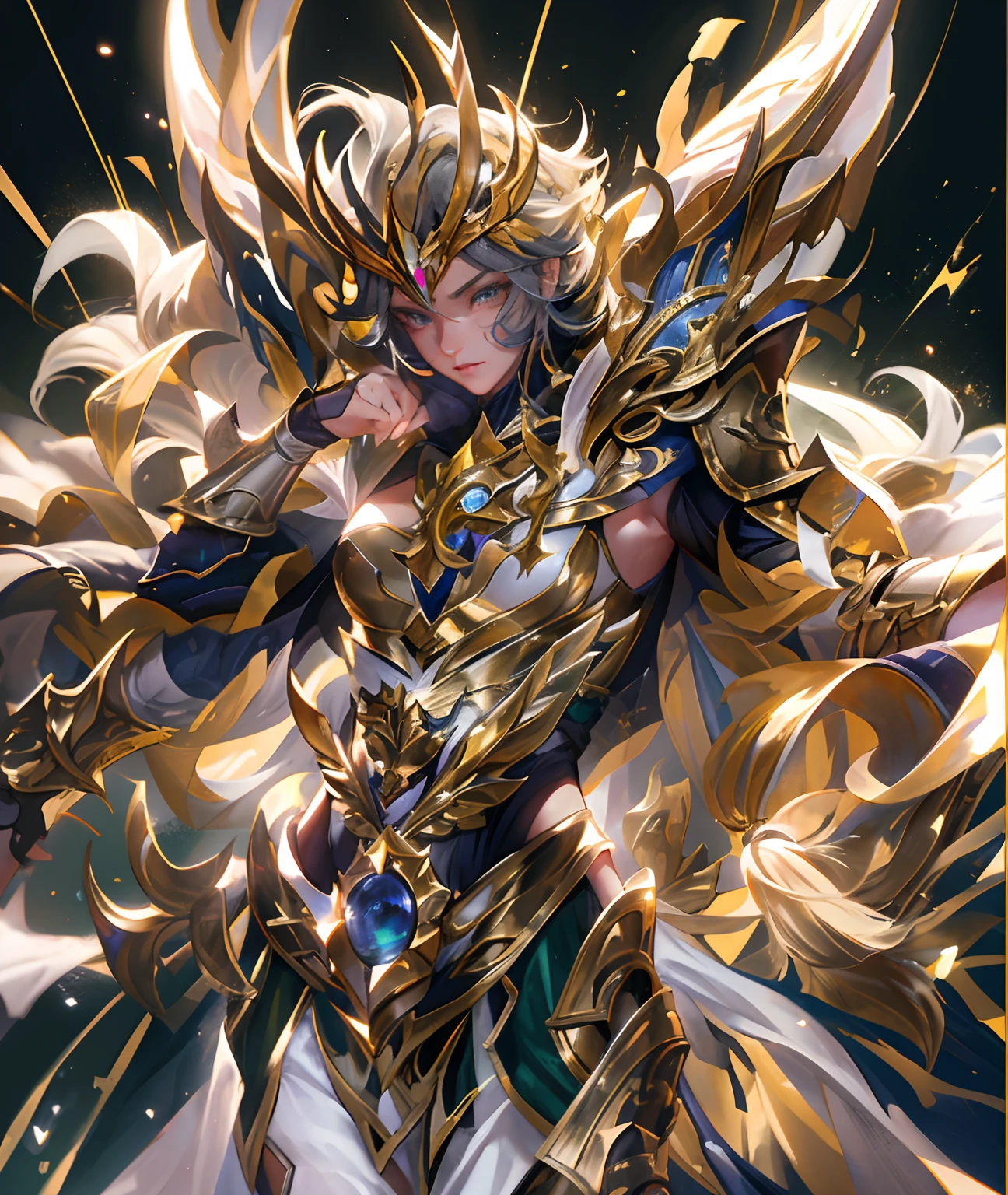 super high saturation,(tmasterpiece), fully body photo,(best qualtiy), (1girll), starryskybackground,Wearing shiny gold armor, Sexy lingerie type armor,Expose your breasts,Exposing the waistline,Exposing thighs,Cool Pose, Saint Seiya's Armor, dishevled hair,high detal, Anime style, Cinematic lighting, spark of light, God Light, Ray traching, film grains, hyper HD, textured skint, super detailing, anatomical correct, hight resolution,super high saturation,highly contrast,High-gloss armor,slick skin,serious facial expression,Dark room,