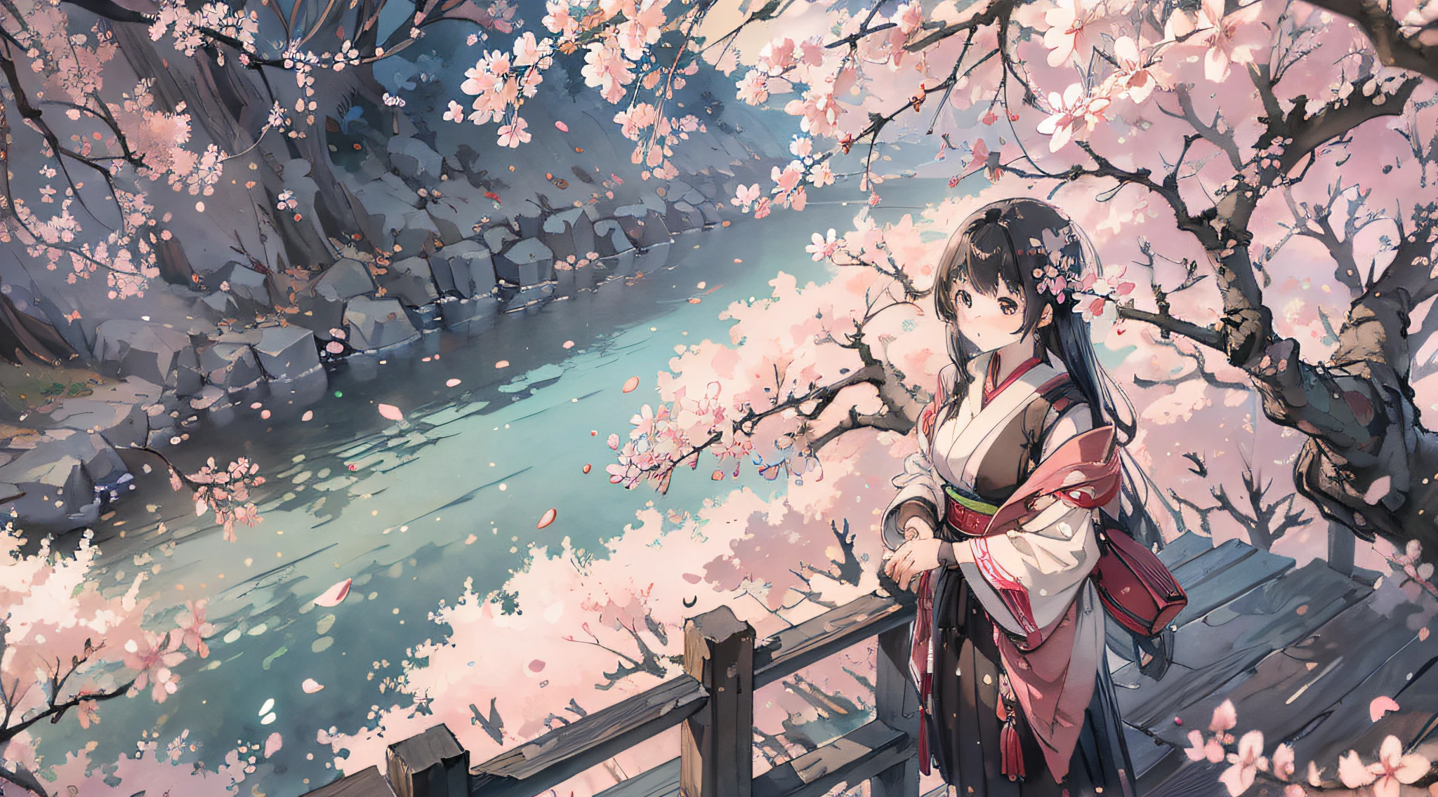 (masutepiece), Best Quality, High resolution, Highly detailed, Detailed background, Perfect Lighting, plein air, 1girl in, Cherry blossoms in full bloom