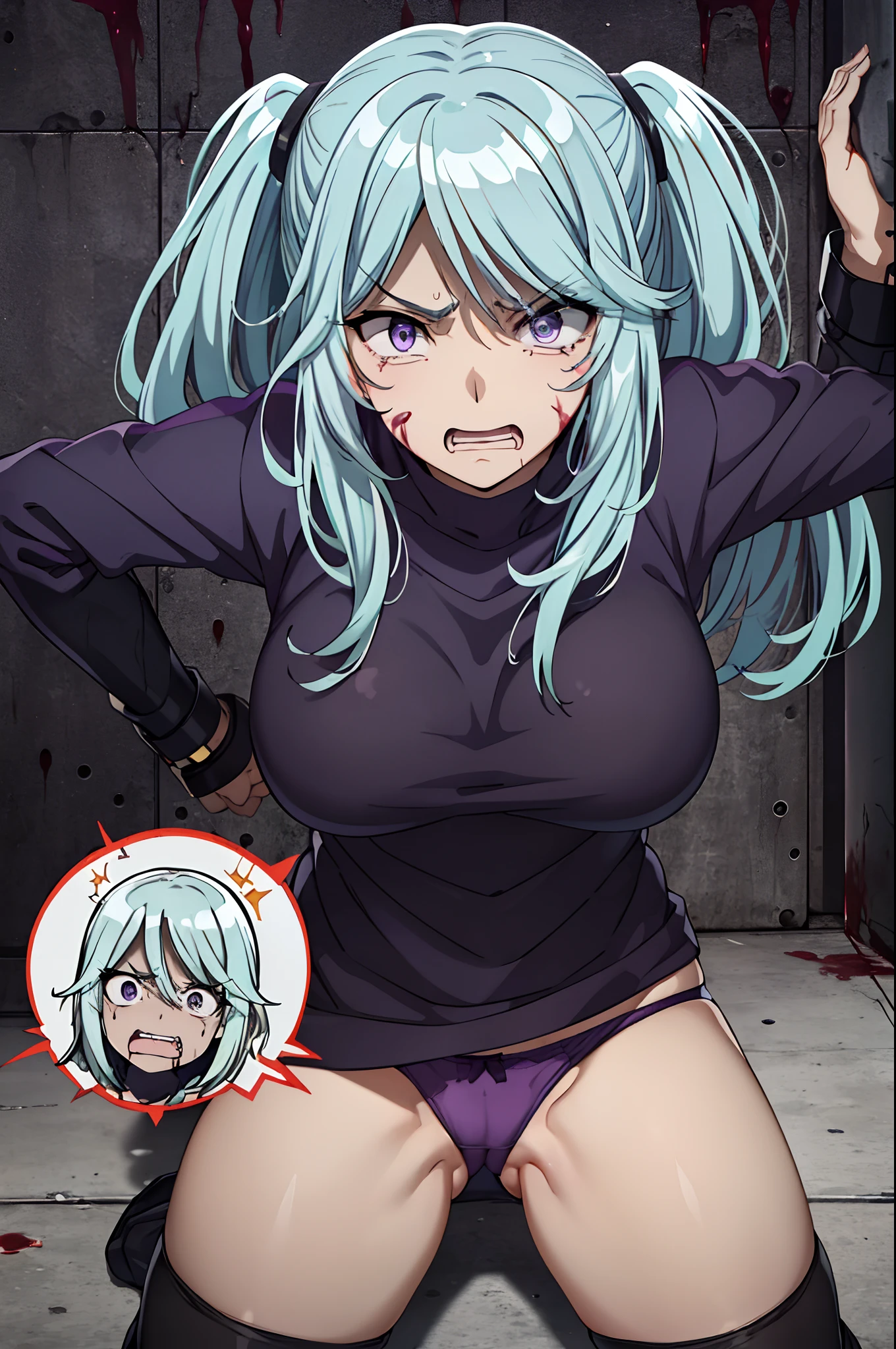 scared expression,open mouth,clenched teeth,purple eyes,azure hair, (healthy skin), (((, ))), ((((, blood, prison, pain)))). 1 man, evil, the man is torturing the girl