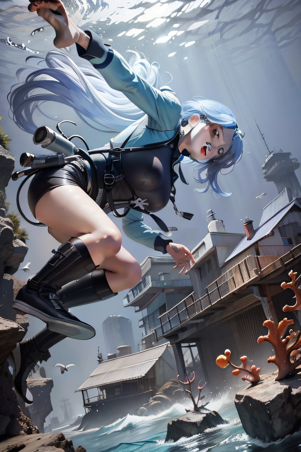 A teenager,dive,ocean floor,There is a magnificent city