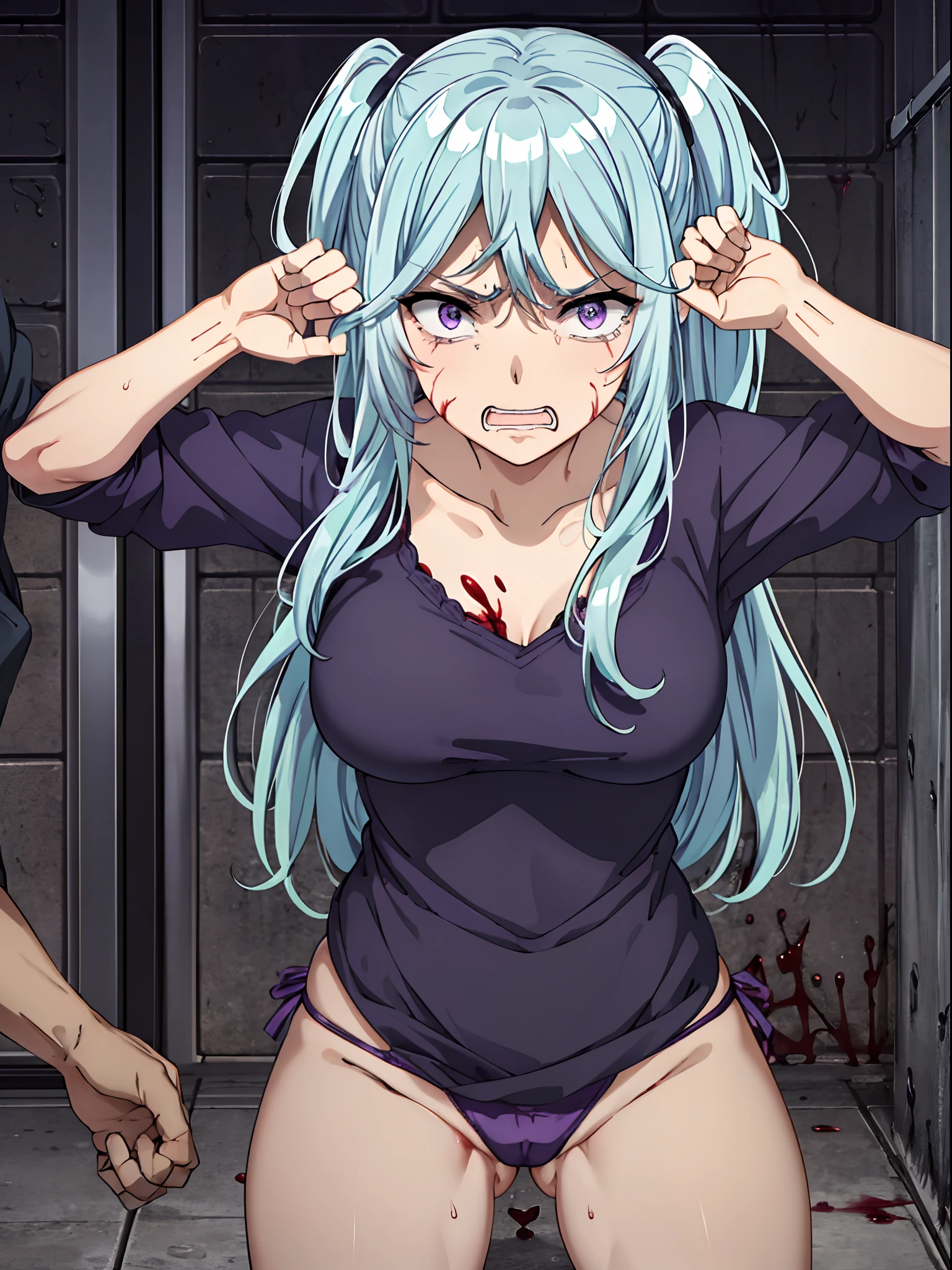 scared expression,open mouth,clenched teeth,purple eyes,azure hair, (healthy skin), (((bra, panties))), ((((torture, blood, prison, pain)))). ((1 man, evil)), the man is torturing the girl