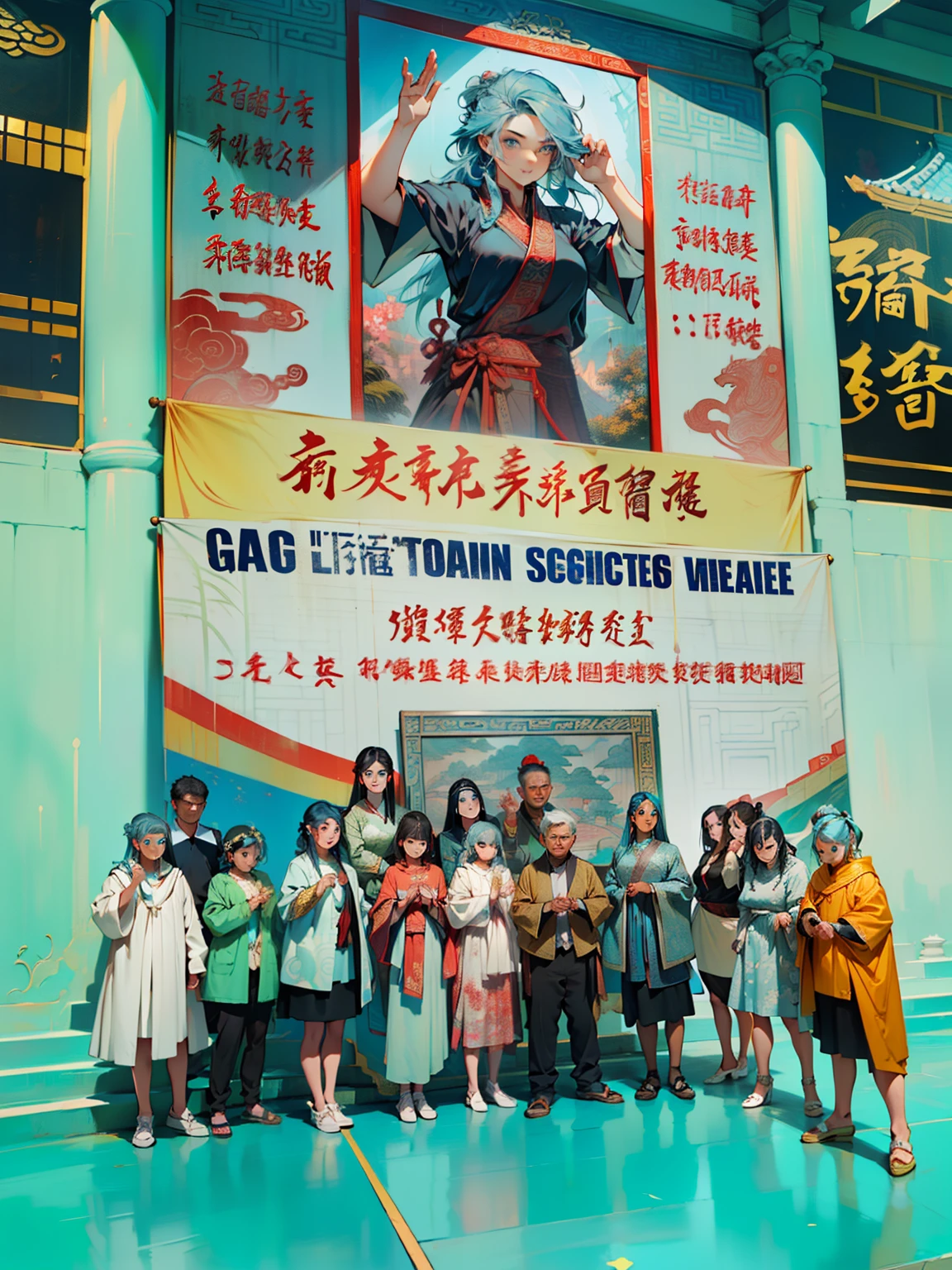 18. (1 person) ((((agirl))), (((Blue Eyes))),(((Long Blue hair))),Light blue dress with white light gauze jacket, young woman graceful and dignified,'s eyes are touched) (background: in the sacred, resplendent palace hall of ancient China).