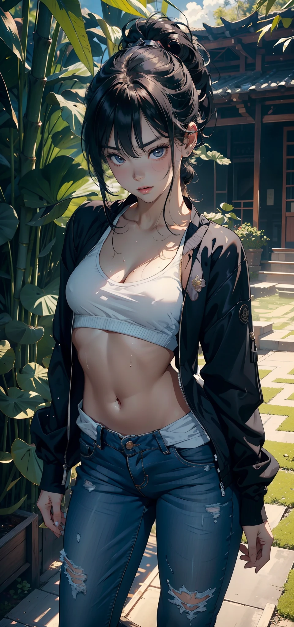 (Best Quality: 1.1), (Masterpiece: 1.2), Portrait,
1 Girl, yuzuriha_, Black hair, Brown eyes, Ninja, Open clothing, Cleavage, Small tits, Top knot, Medium hair, Detached breasts, White band, Grinning, Outdoors, (blush:1.1), Flowers,
Pure_Innocent_girl, pureerosface_v1, ((torso))), subjective, (((depth of field)))), pale and shiny skin, sweaty, skin wet, embarrassed, embarrassed, cheeks blush