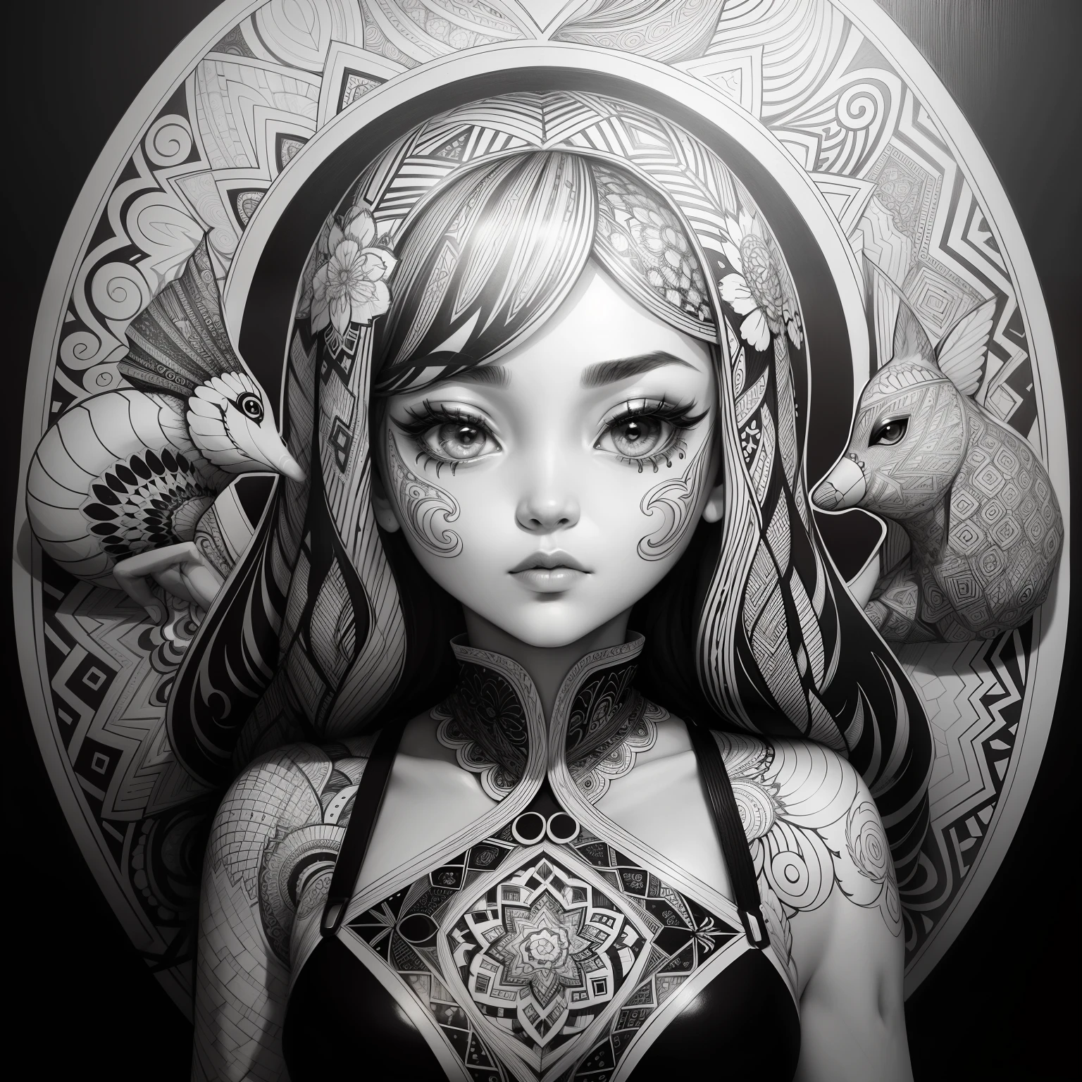 Zentangle, coloring book illustratio, black and white, fine line art, fine line drawing (brains), Eduardo Kobra acolchoamento ,multidimensional geometric PORTRAIT wall, arte, chibi, yang08k, lindo, colorido, obras-primas, qualidade superior, melhor qualidade, arte oficial, beautiful and aesthetic