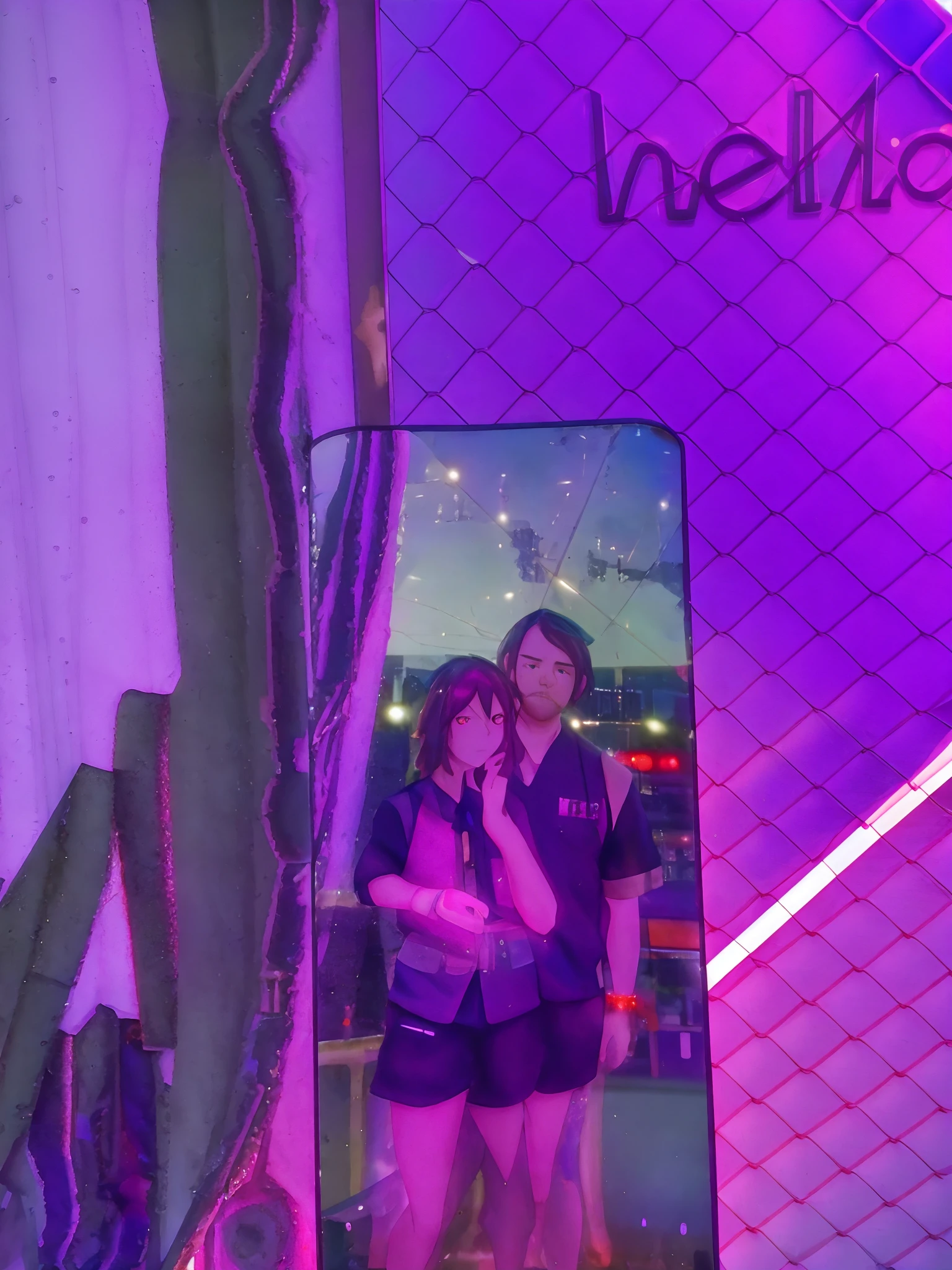 purple neon lights are reflected in a mirror of a man and woman, 8k selfie photograph, low quality photo, at future neon light rooftop, with neon lights, very very low quality picture, neon lights in the background, mirror selfie, reflected in giant mirror, neon signs in background, taken with sony alpha 9, neon lights in background, shot on nikon z9