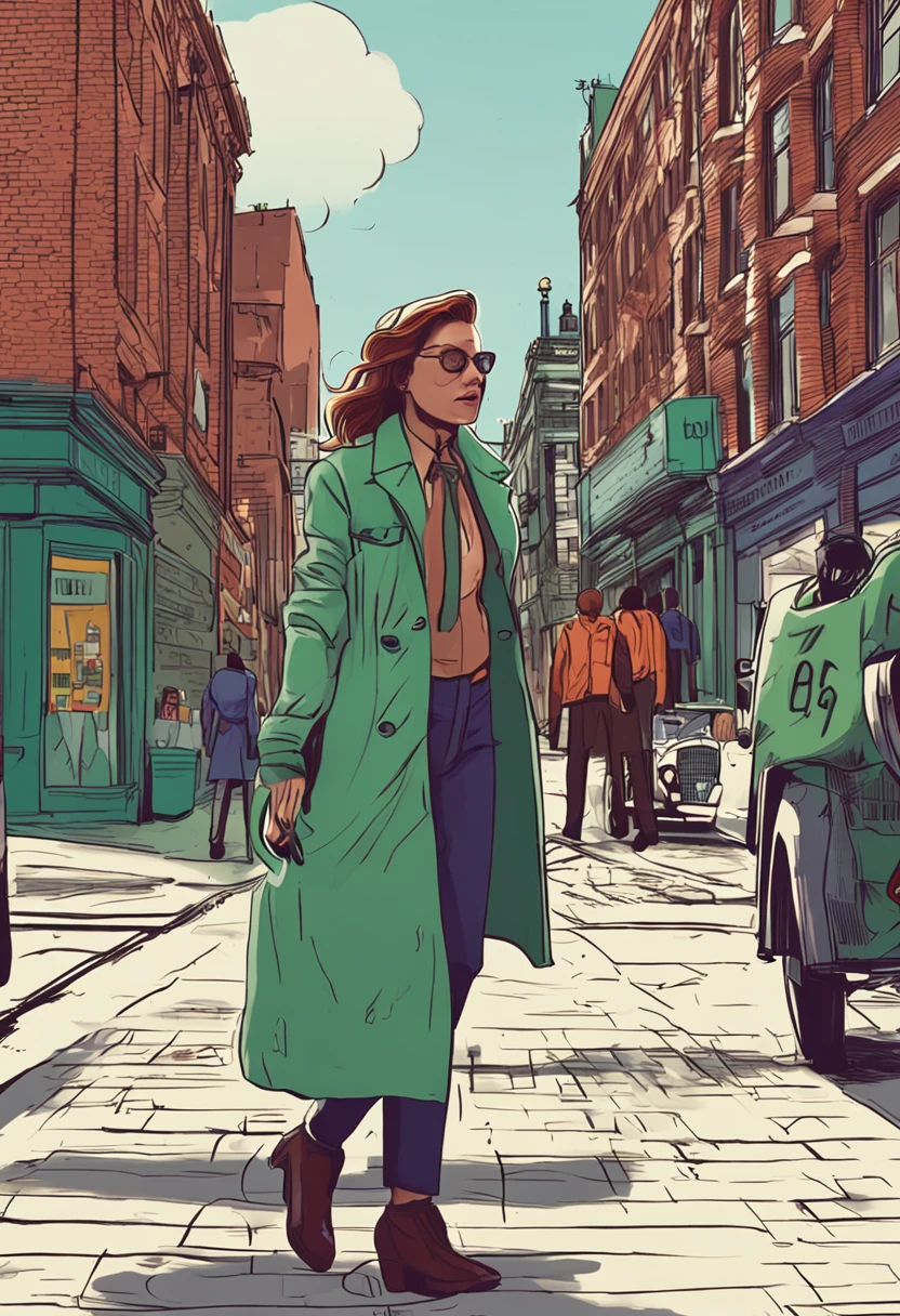 The streets of London，There are many high-rise buildings on both sides，People on the streets were in a hurry，A girl in a light green coat occupies the center of the picture，Light chestnut hair glowing in the sun