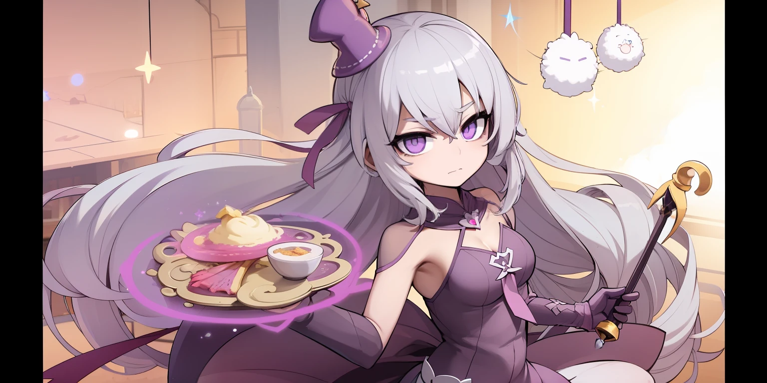 magical  girl，Purple star decoration，Exact proportions，accurate face，magical littlemagical staff，Poor milk，
