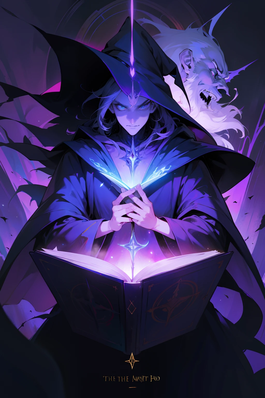 The wizard holds a magic book，The Book of Magic is located in the center, The picture is divided into two parts, Left and right, From Middle，Dark evil tones on the left，Lamp on the right，Vivid Contrast，A sense of conflict，Artistic sense